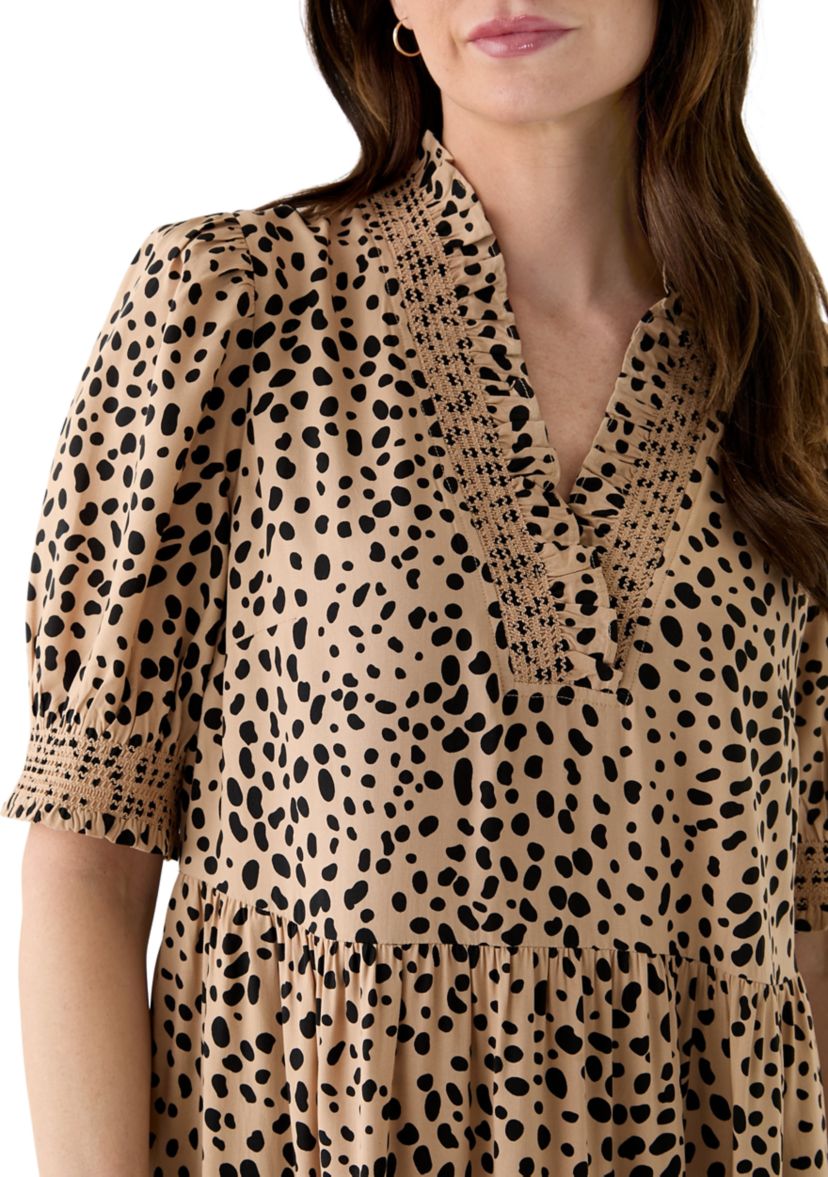Womens Smocked Ruffle Printed Dress
