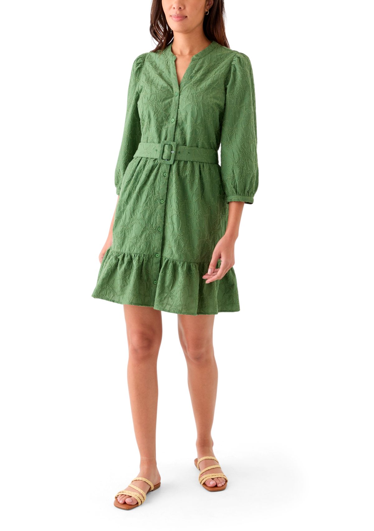 Womens 3/4 Sleeve Belted Embroidered Dress