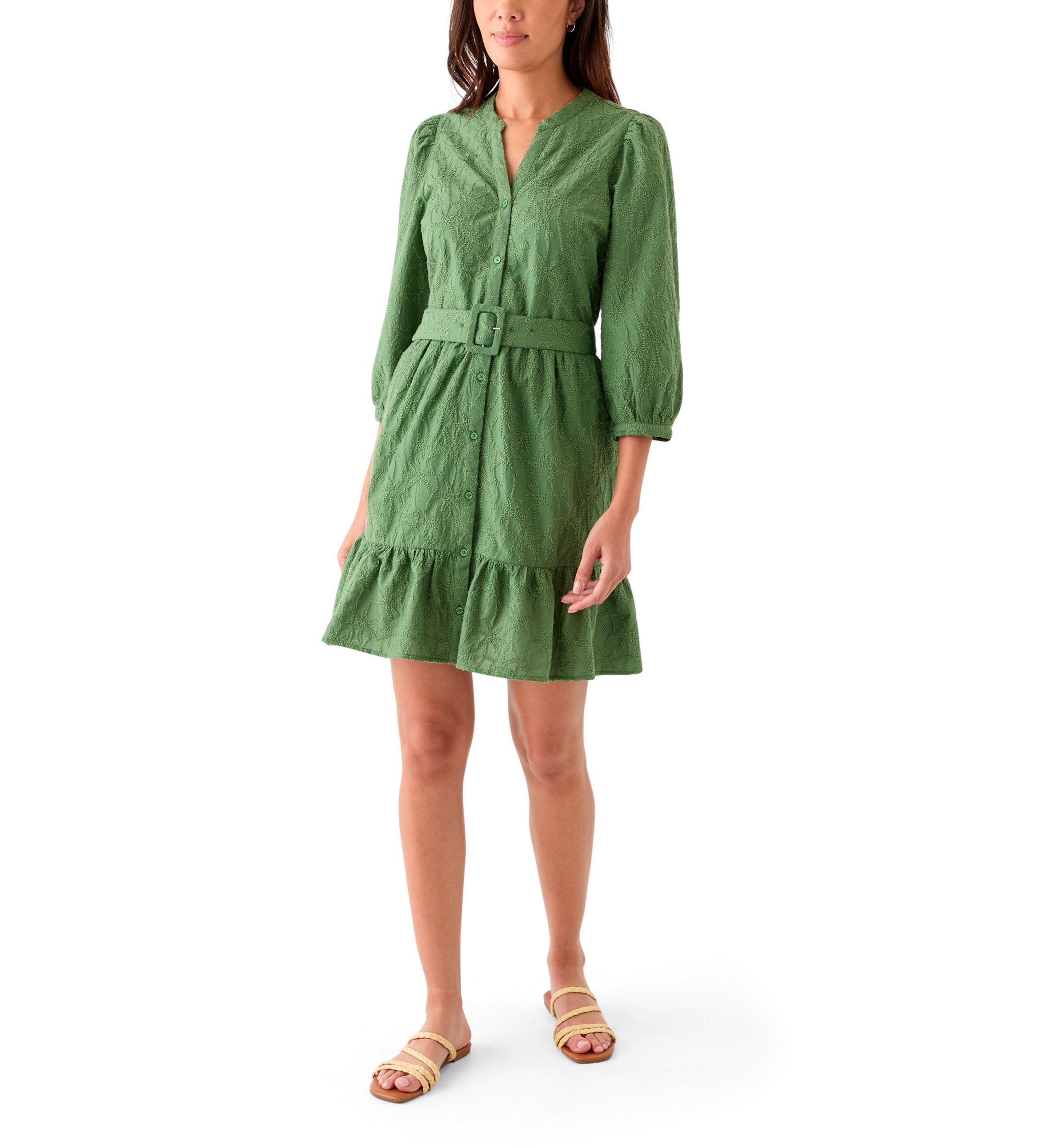 Womens 3/4 Sleeve Belted Embroidered Dress