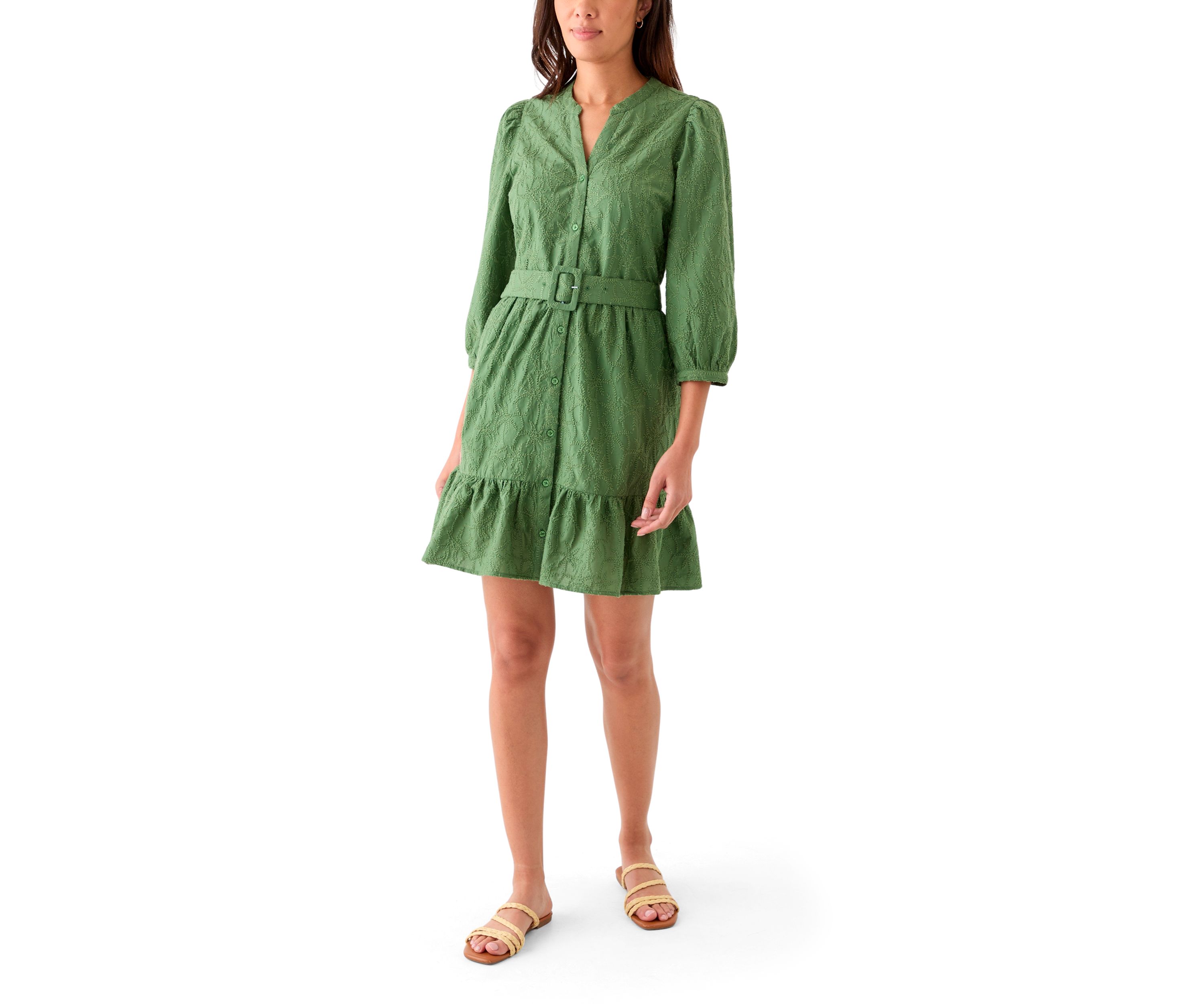 Womens 3/4 Sleeve Belted Embroidered Dress