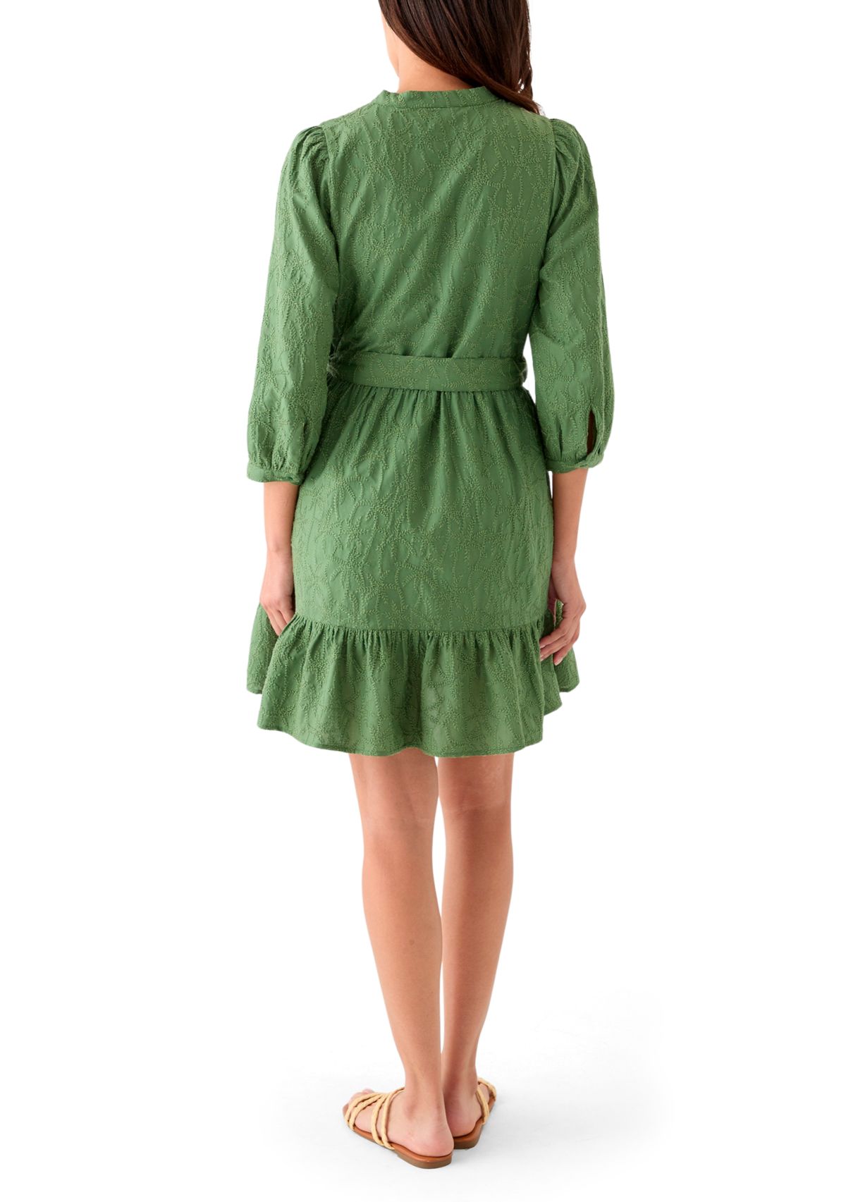 Womens 3/4 Sleeve Belted Embroidered Dress