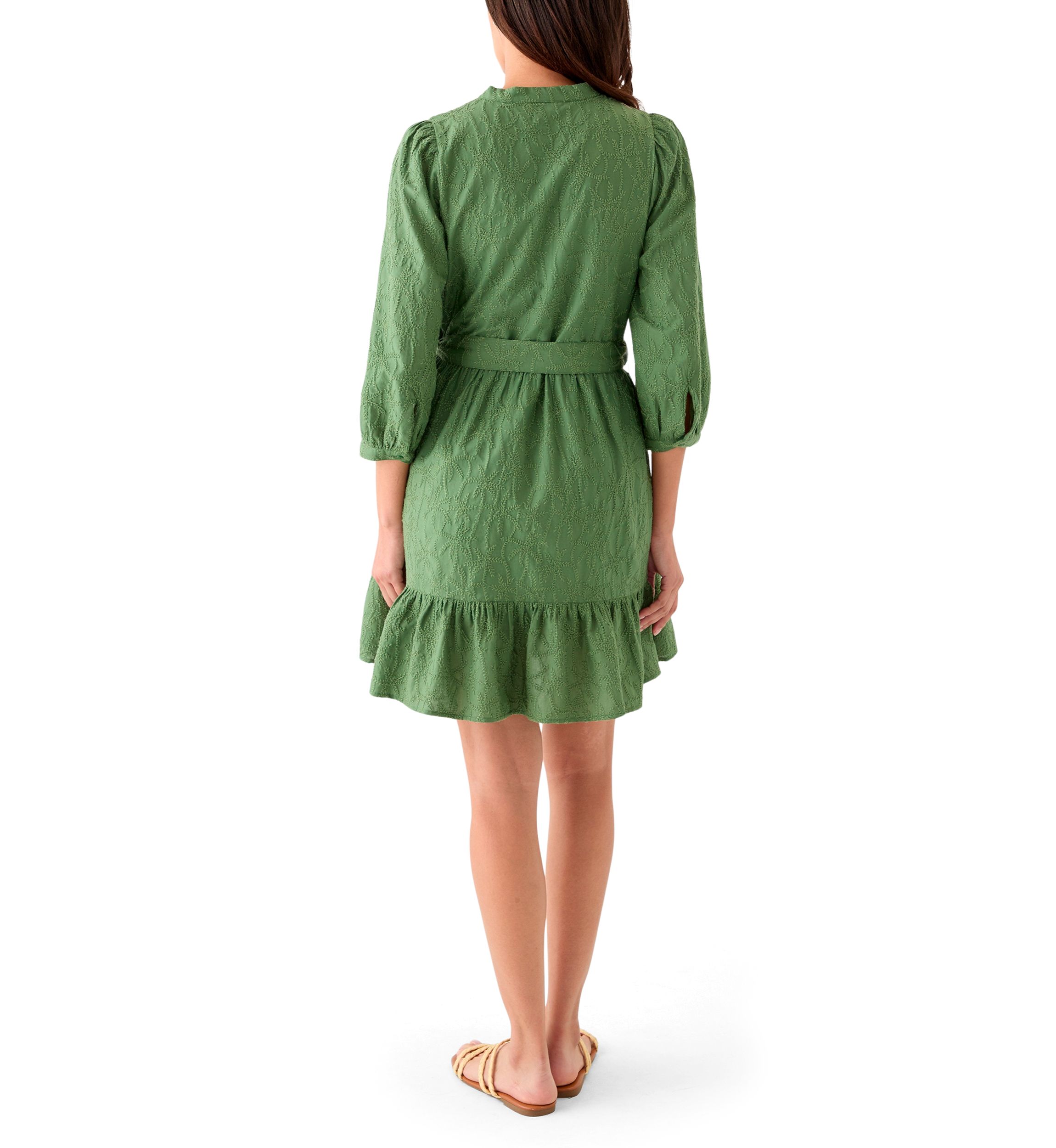 Womens 3/4 Sleeve Belted Embroidered Dress
