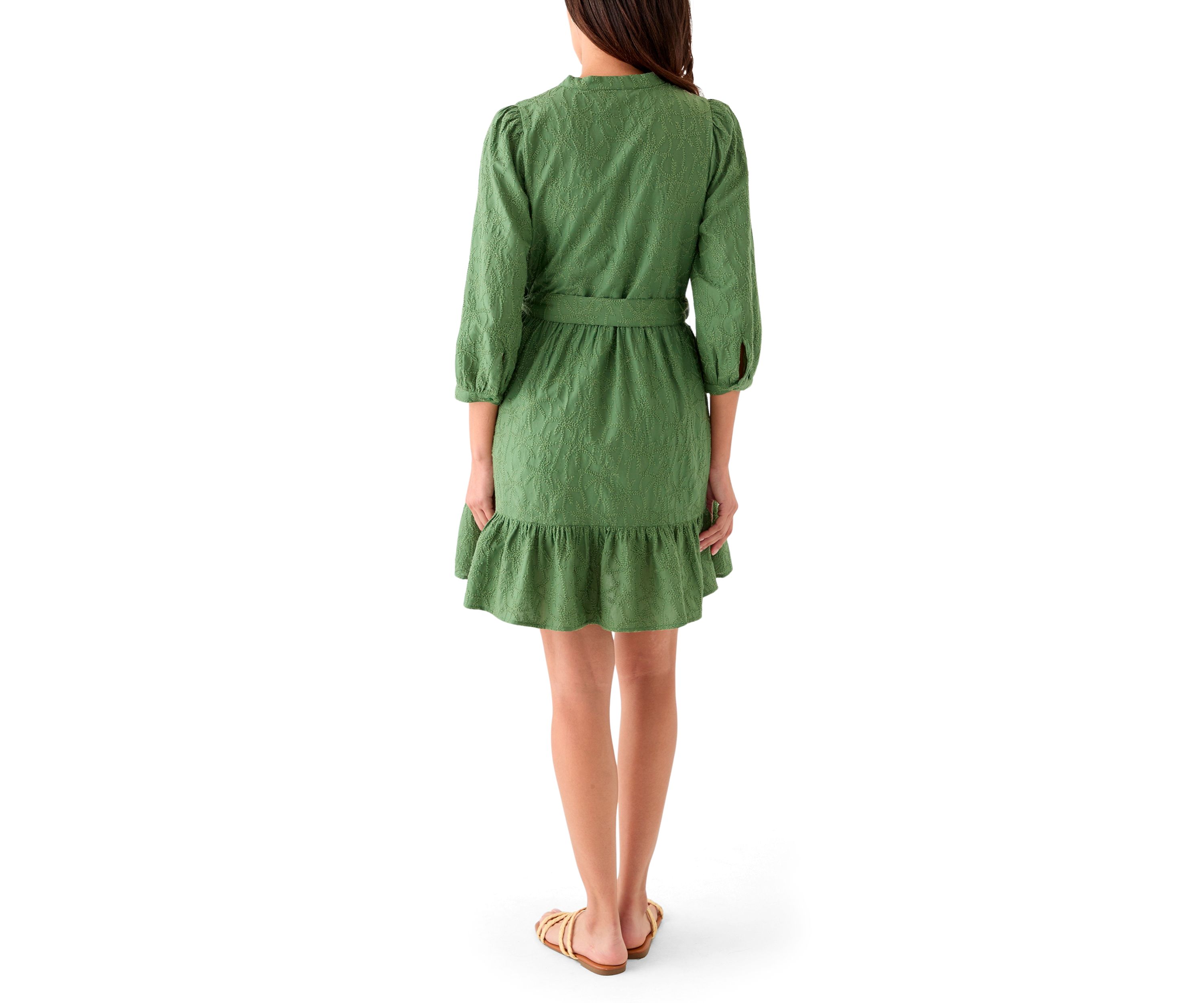 Womens 3/4 Sleeve Belted Embroidered Dress