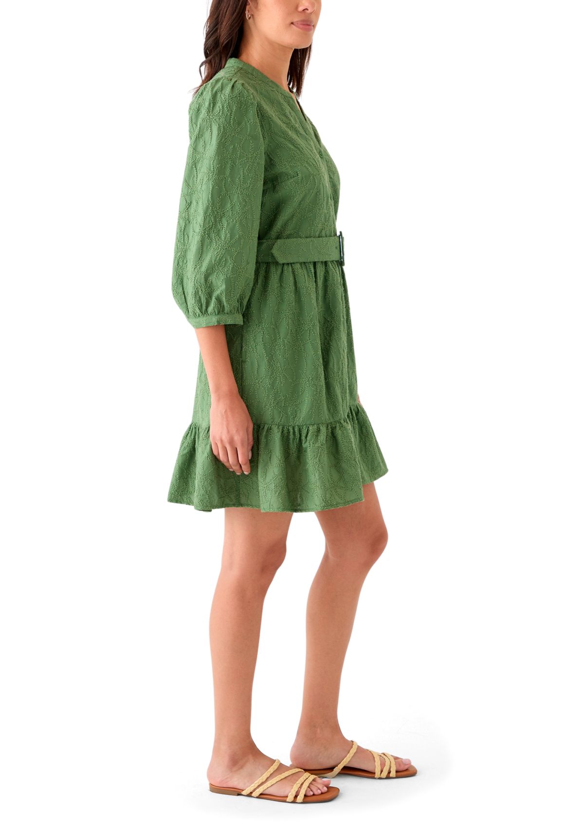 Womens 3/4 Sleeve Belted Embroidered Dress