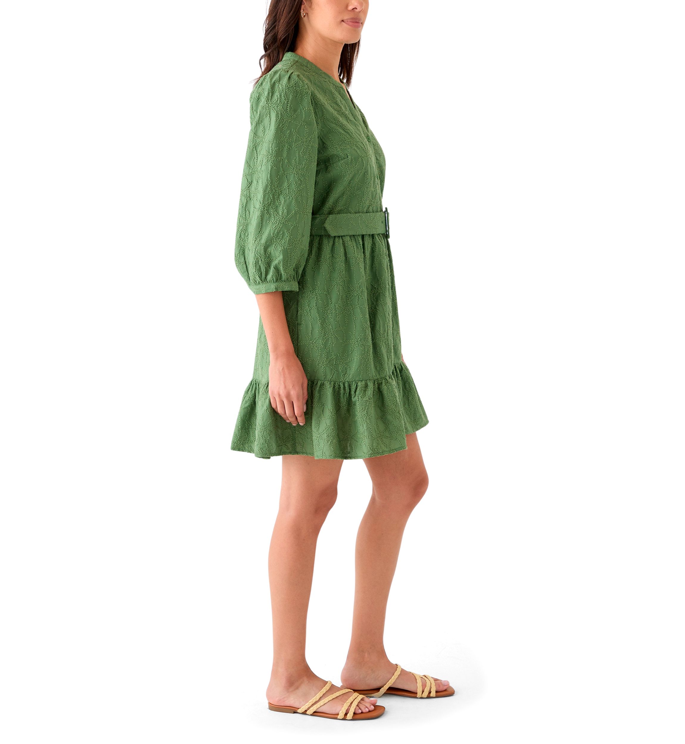 Womens 3/4 Sleeve Belted Embroidered Dress