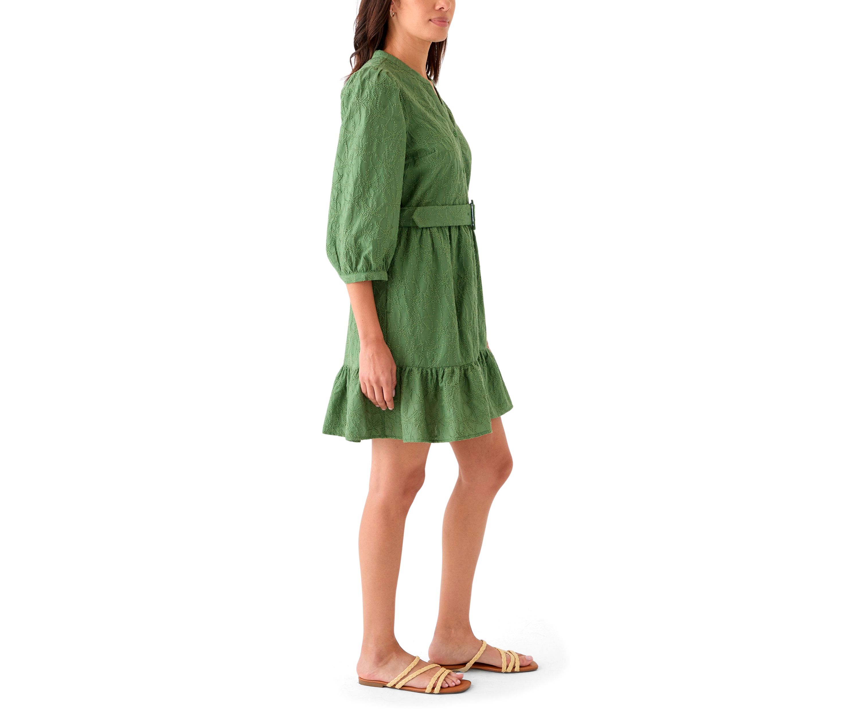 Womens 3/4 Sleeve Belted Embroidered Dress