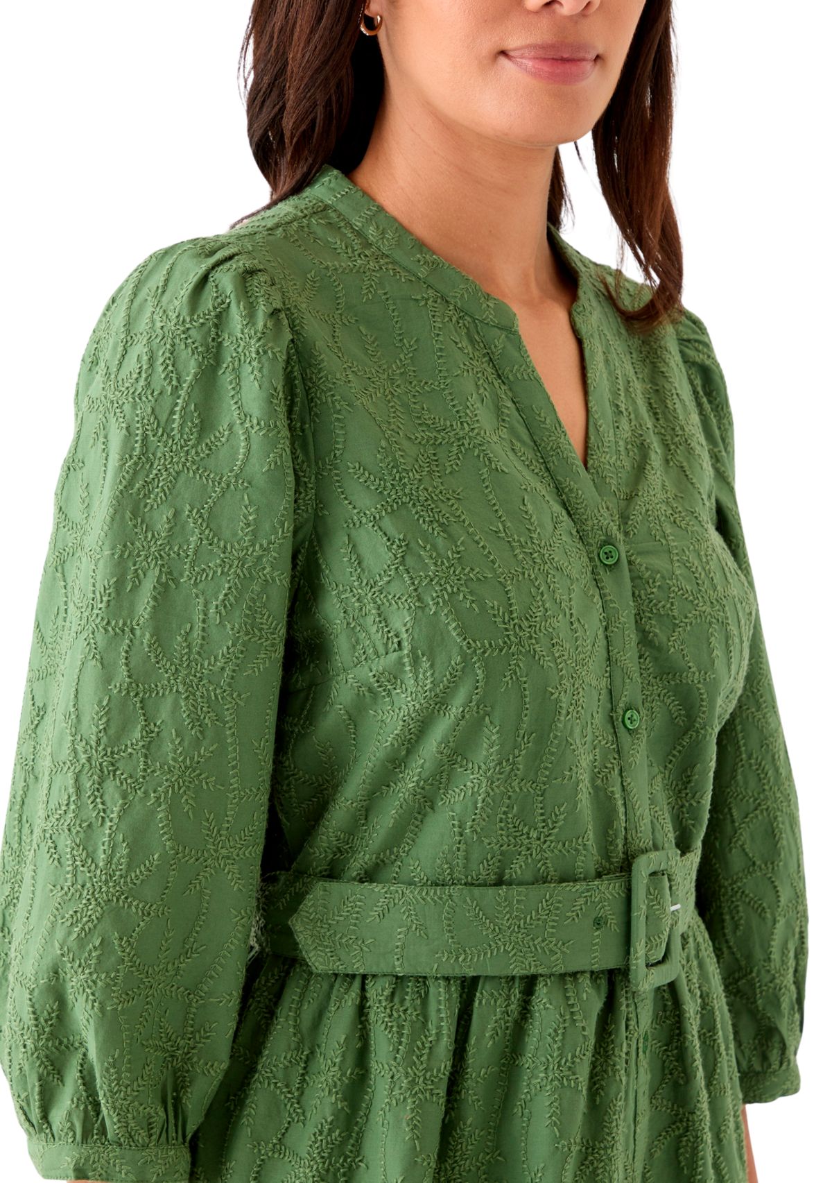 Womens 3/4 Sleeve Belted Embroidered Dress