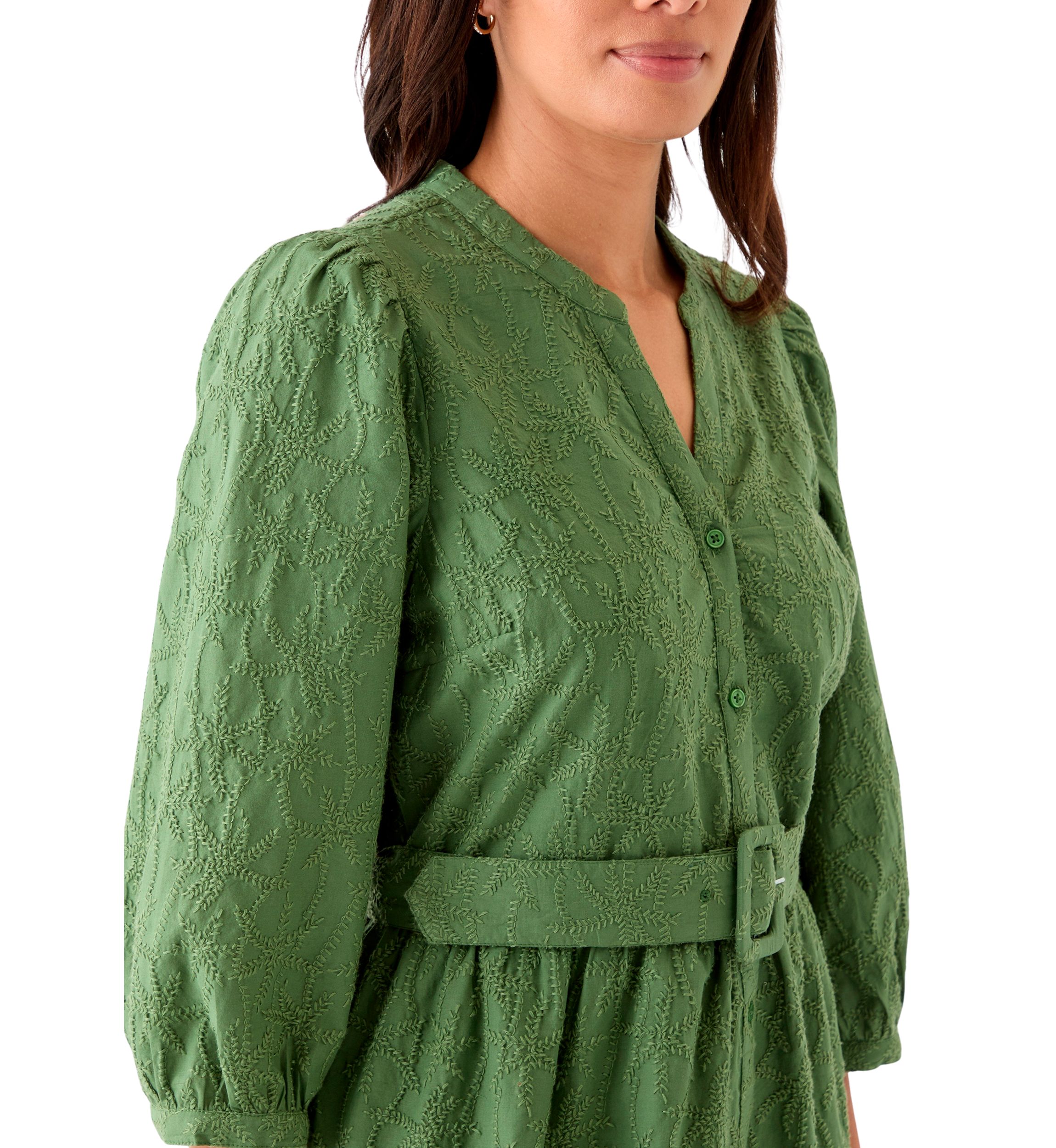 Womens 3/4 Sleeve Belted Embroidered Dress