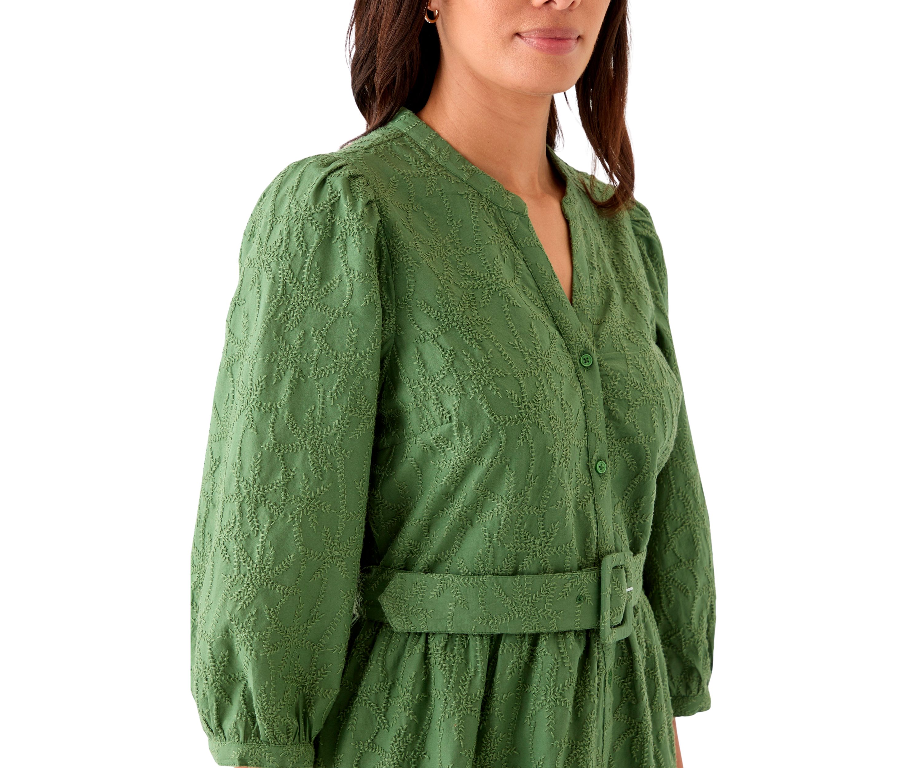 Womens 3/4 Sleeve Belted Embroidered Dress