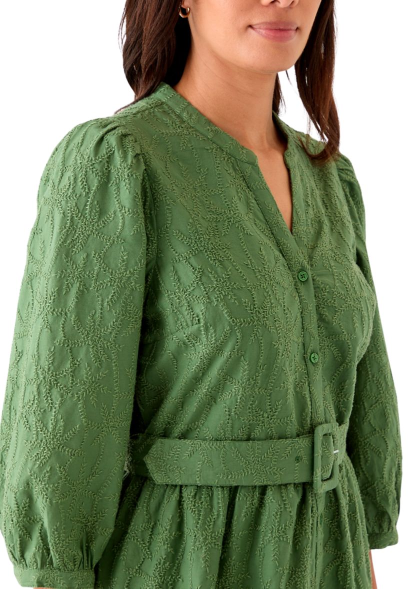 Womens 3/4 Sleeve Belted Embroidered Dress