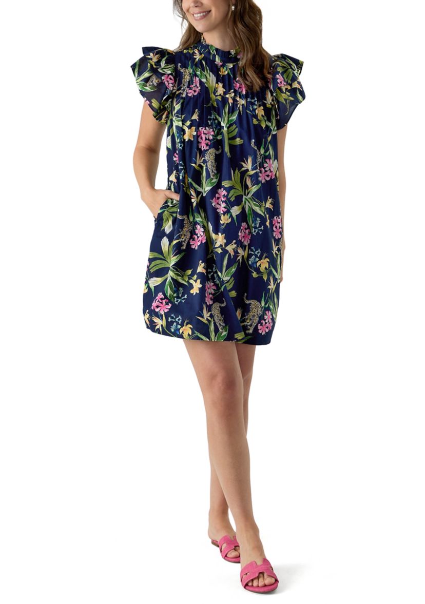 Womens Short Sleeve Printed Smocked Bib Dress