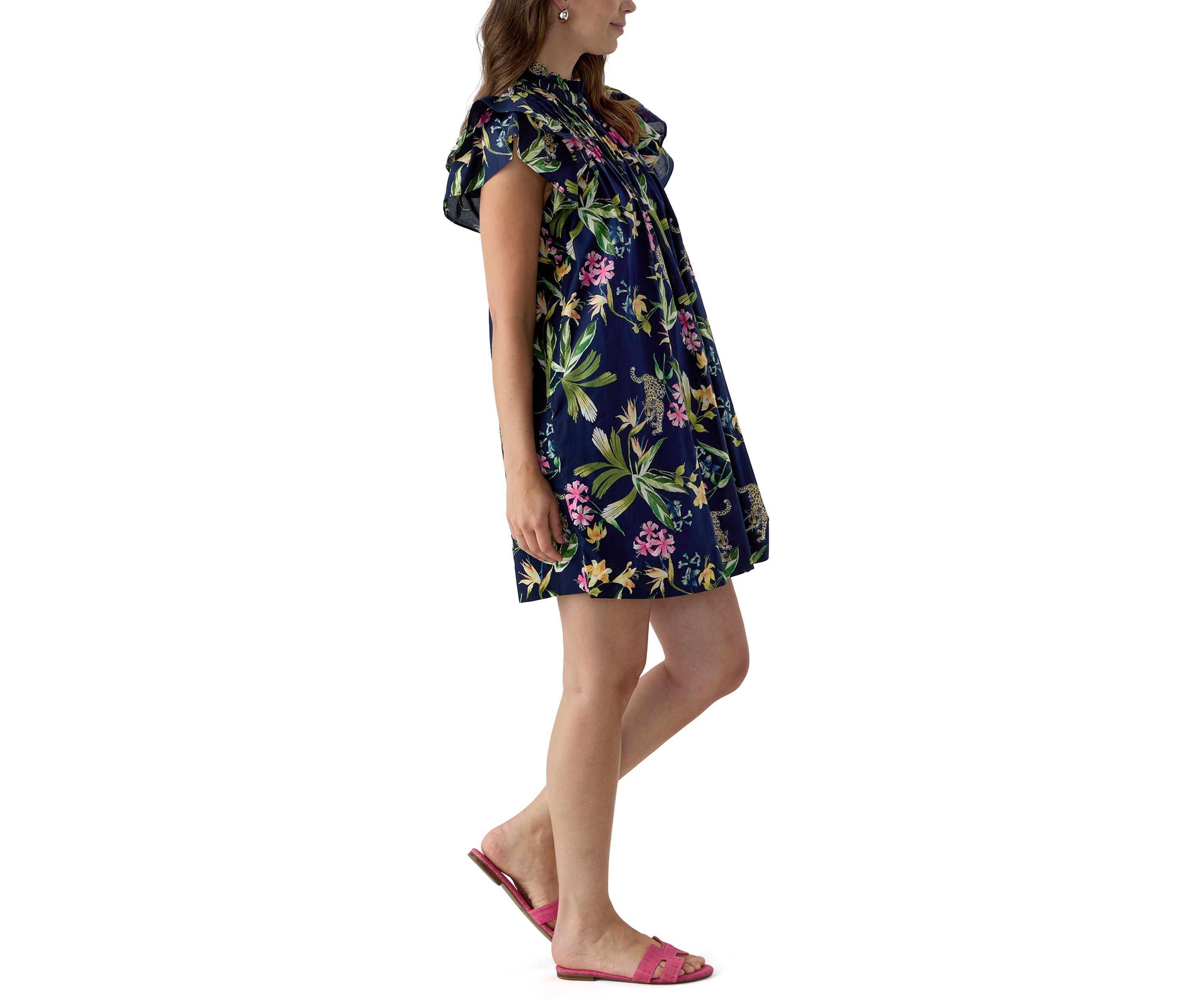 Womens Short Sleeve Printed Smocked Bib Dress