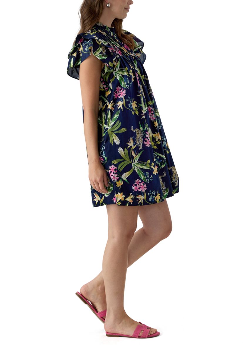 Womens Short Sleeve Printed Smocked Bib Dress