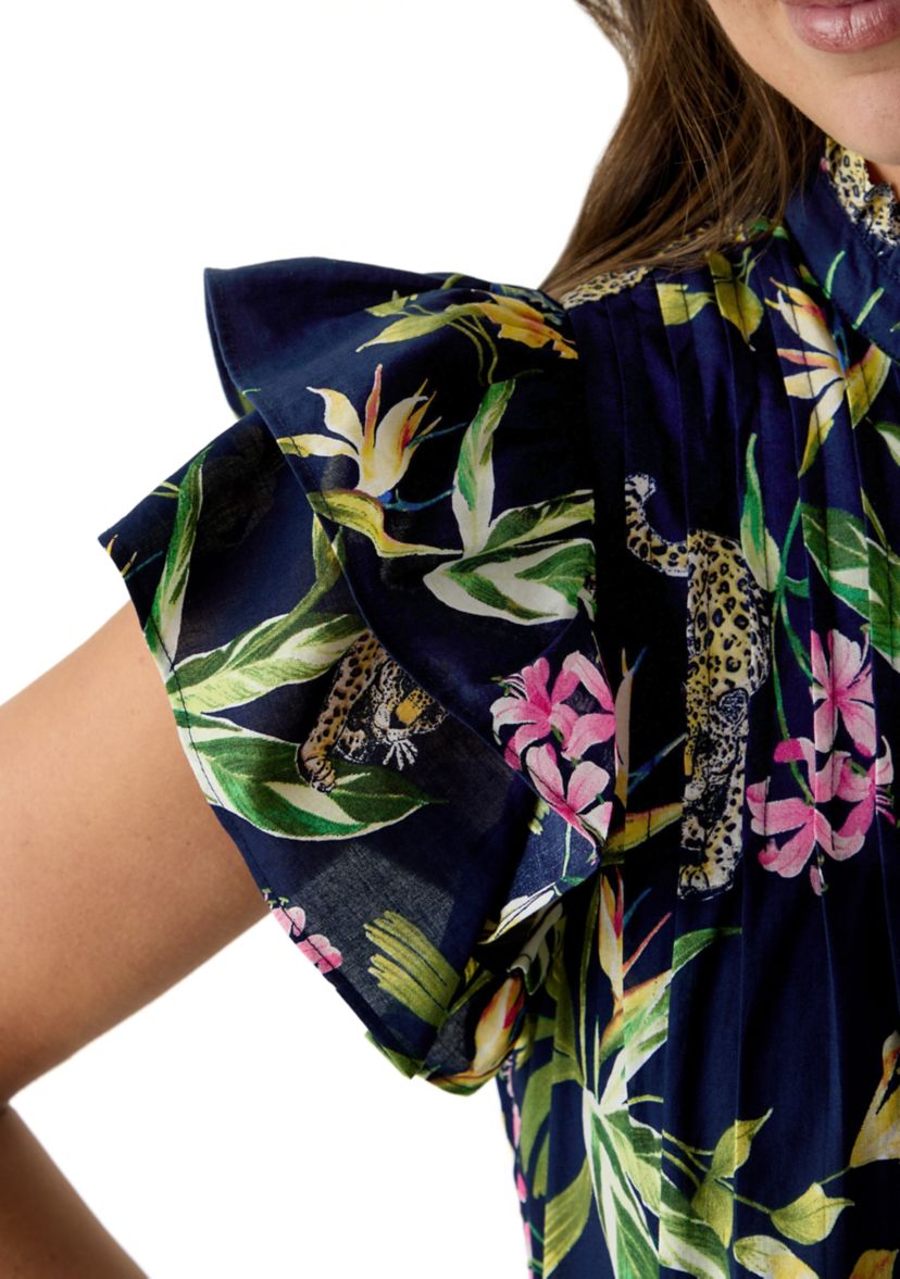 Womens Short Sleeve Printed Smocked Bib Dress
