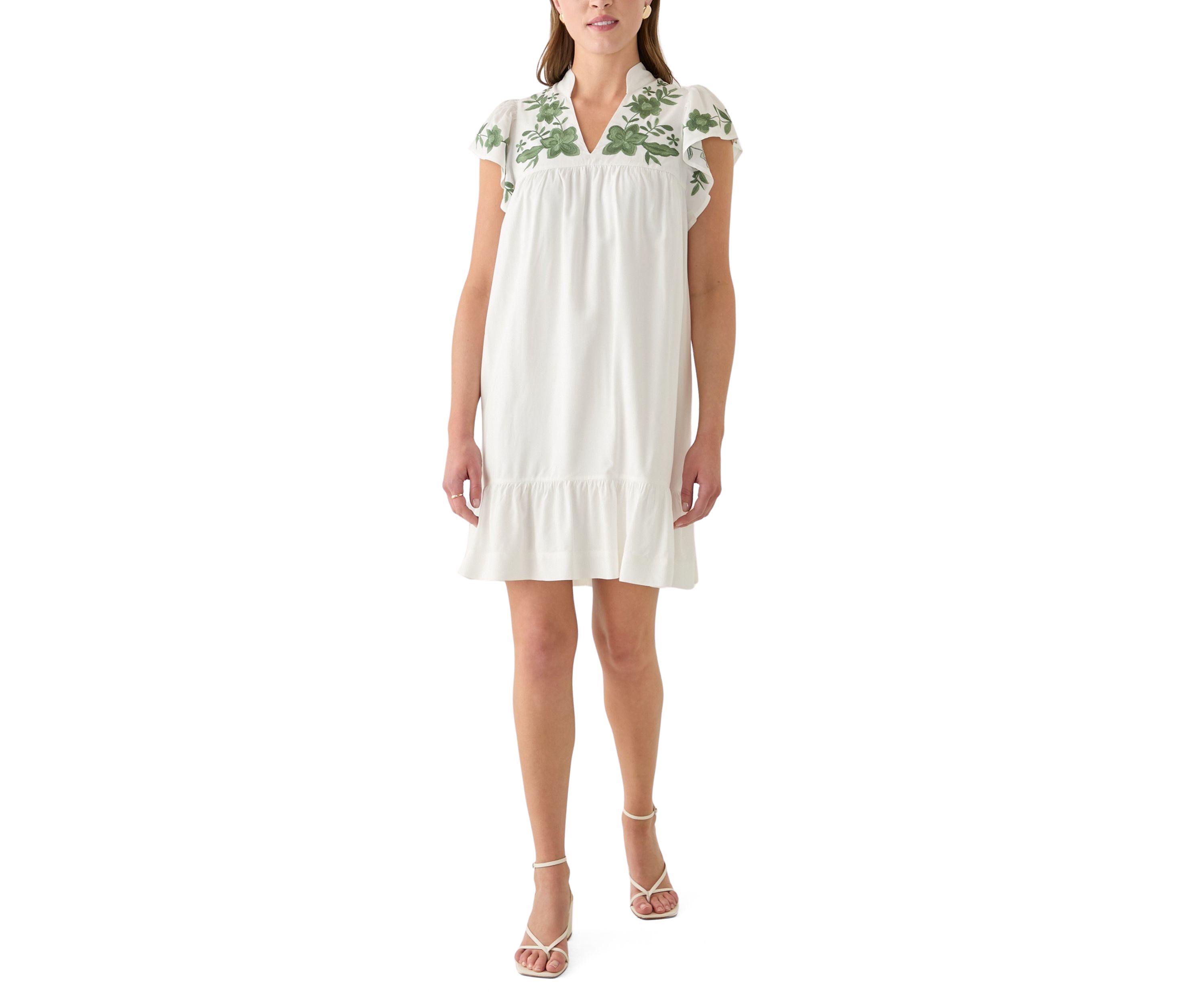 Womens Flutter Sleeve Embroidered Dress