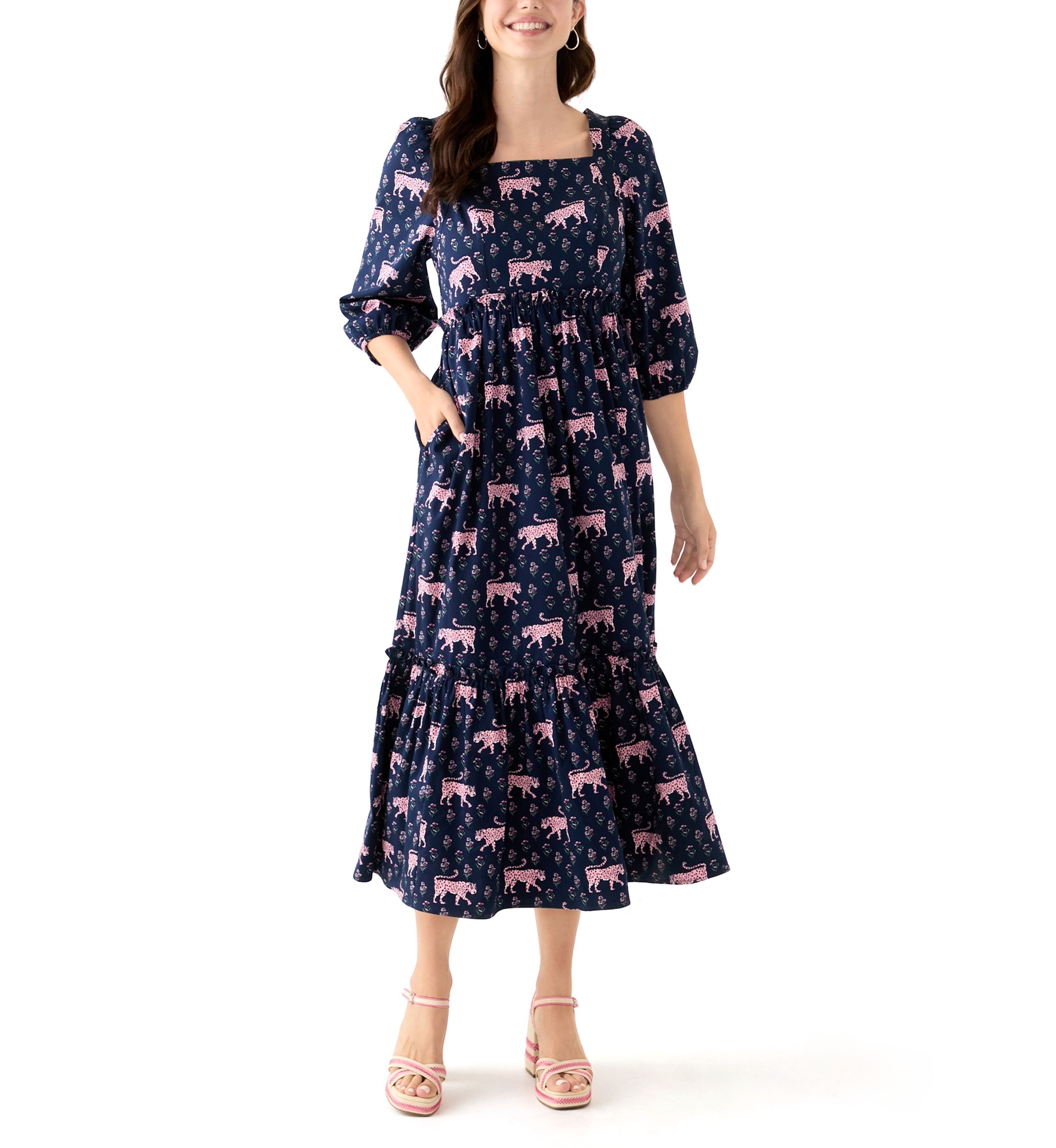 Womens 3/4 Sleeve Square Neck Maxi Dress
