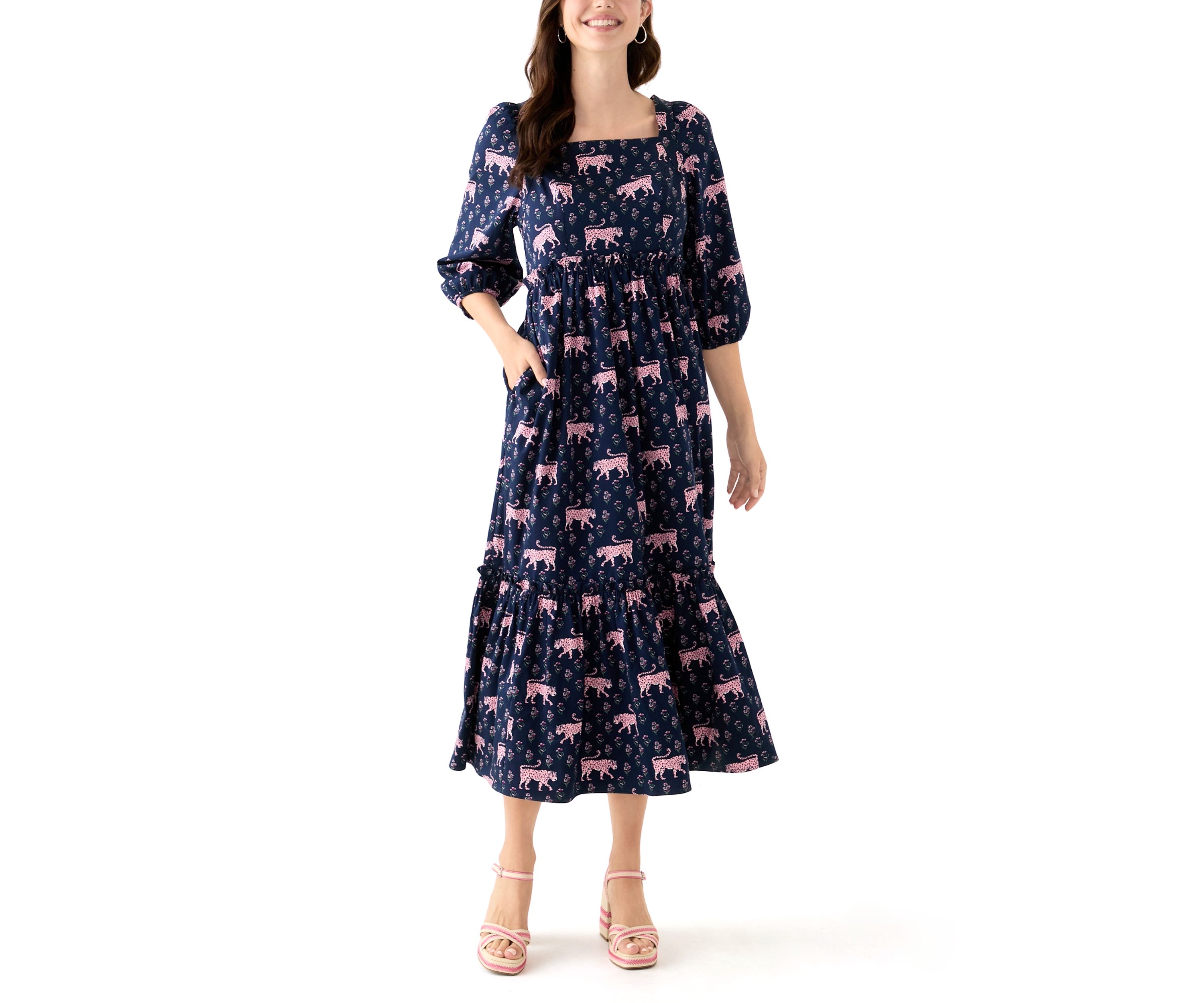 Womens 3/4 Sleeve Square Neck Maxi Dress