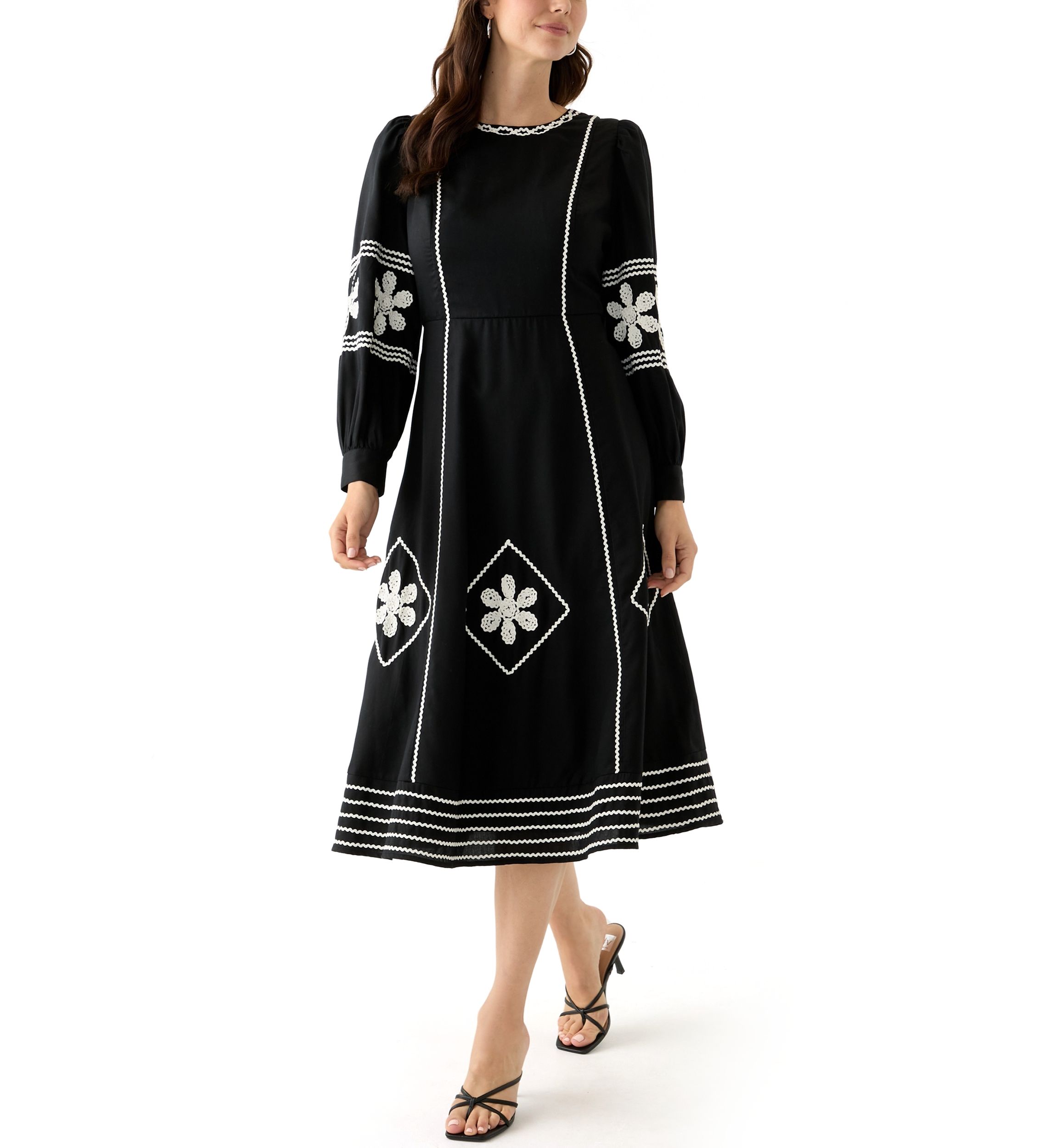 Womens Long Sleeve Embroidered Midi Dress