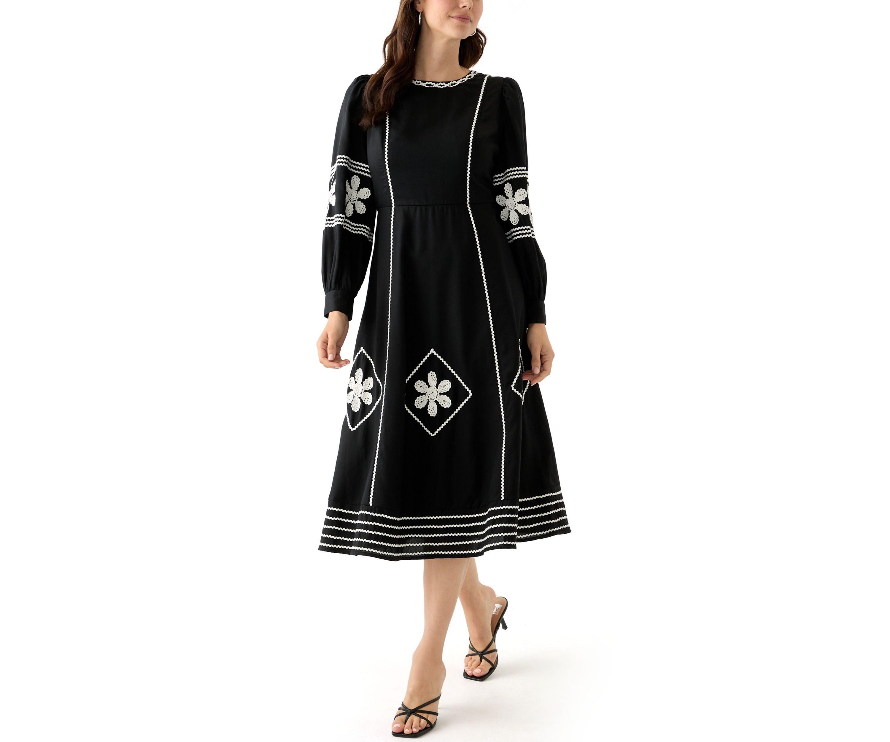 Womens Long Sleeve Embroidered Midi Dress