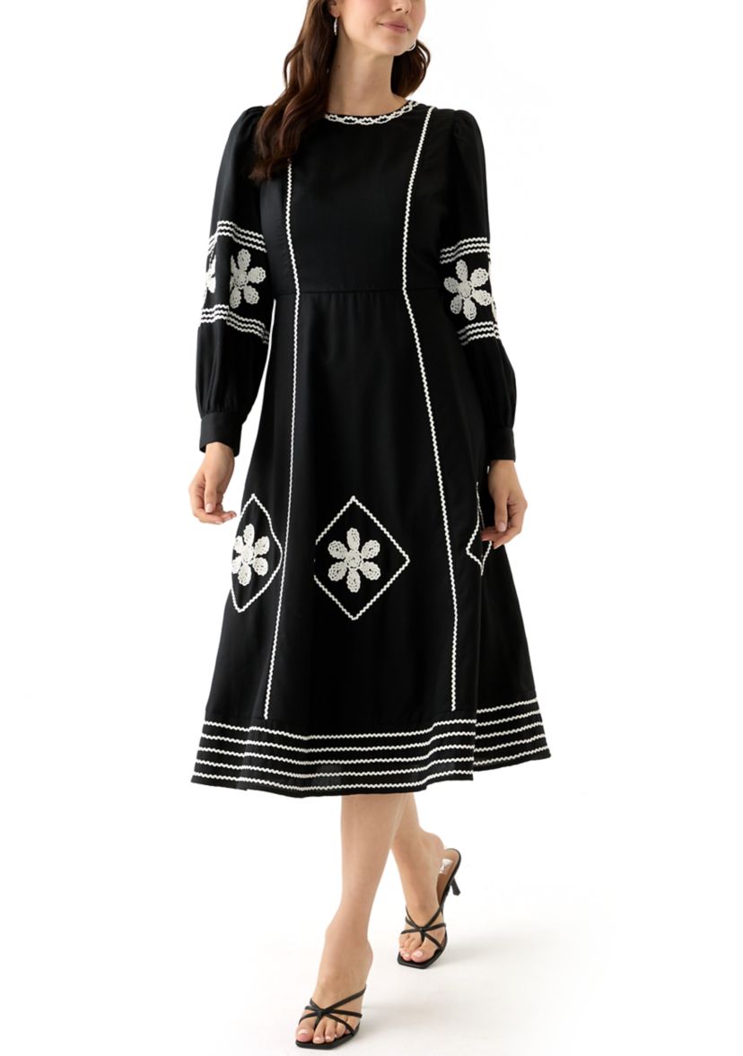 Womens Long Sleeve Embroidered Midi Dress