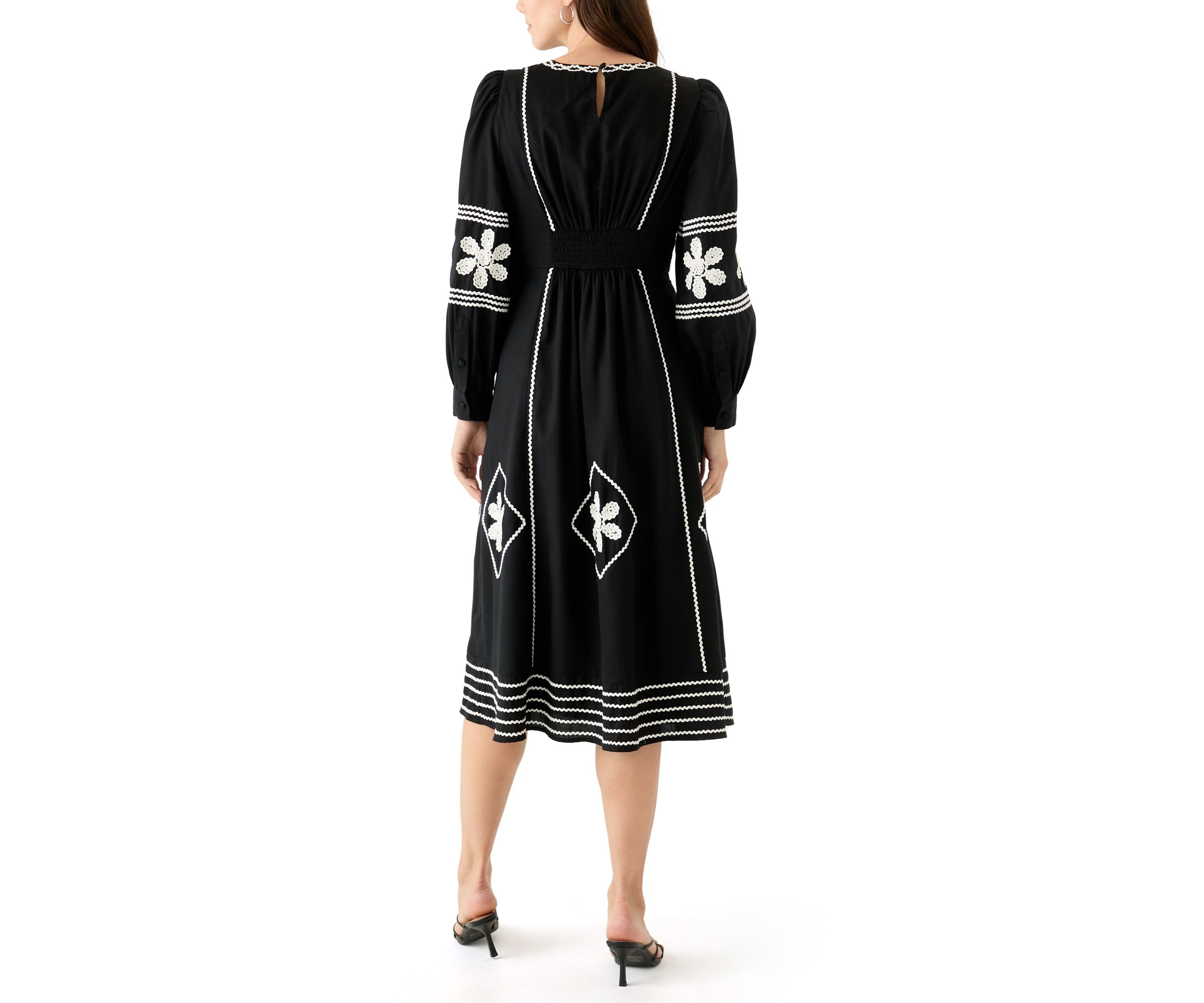 Womens Long Sleeve Embroidered Midi Dress