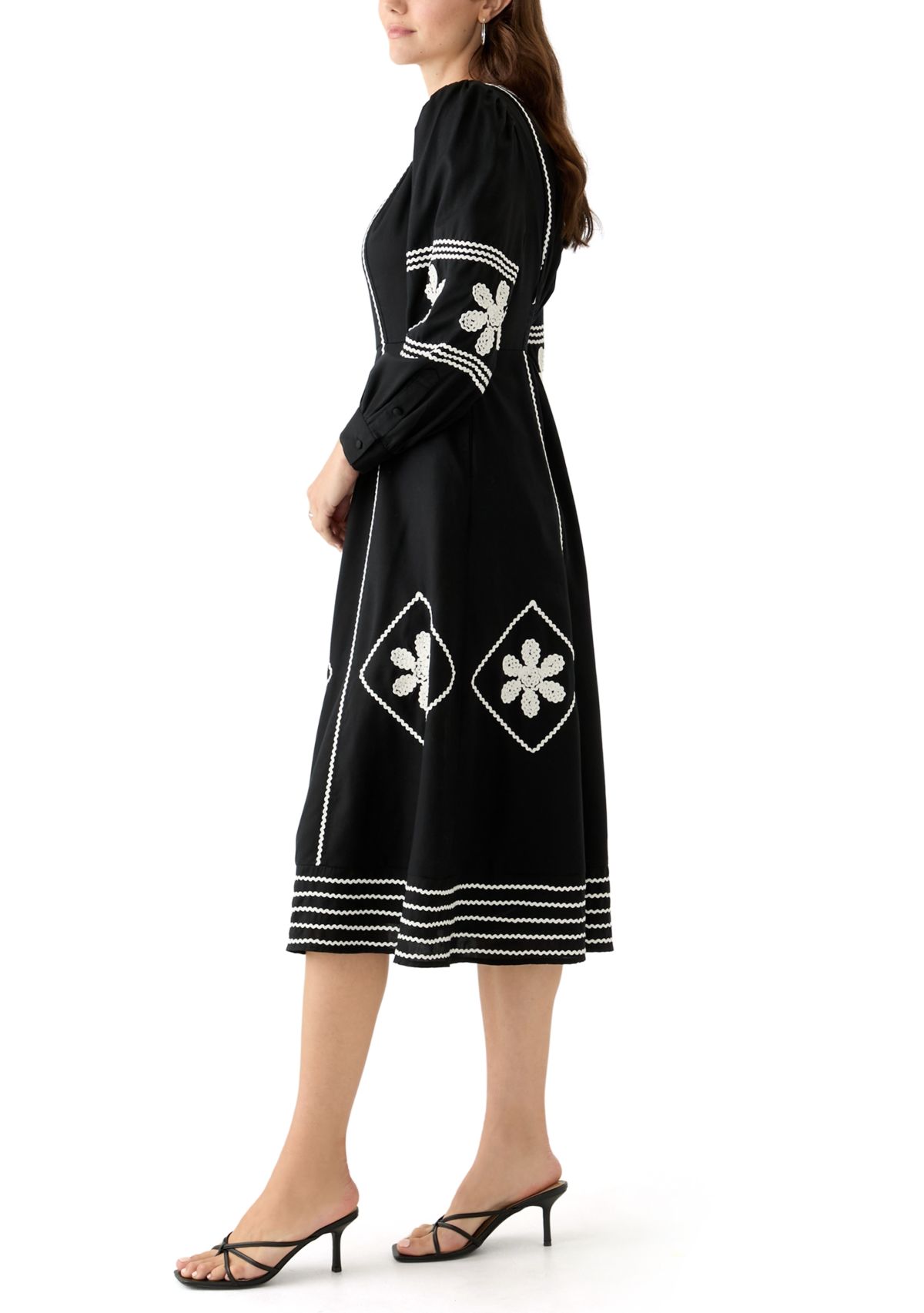 Womens Long Sleeve Embroidered Midi Dress