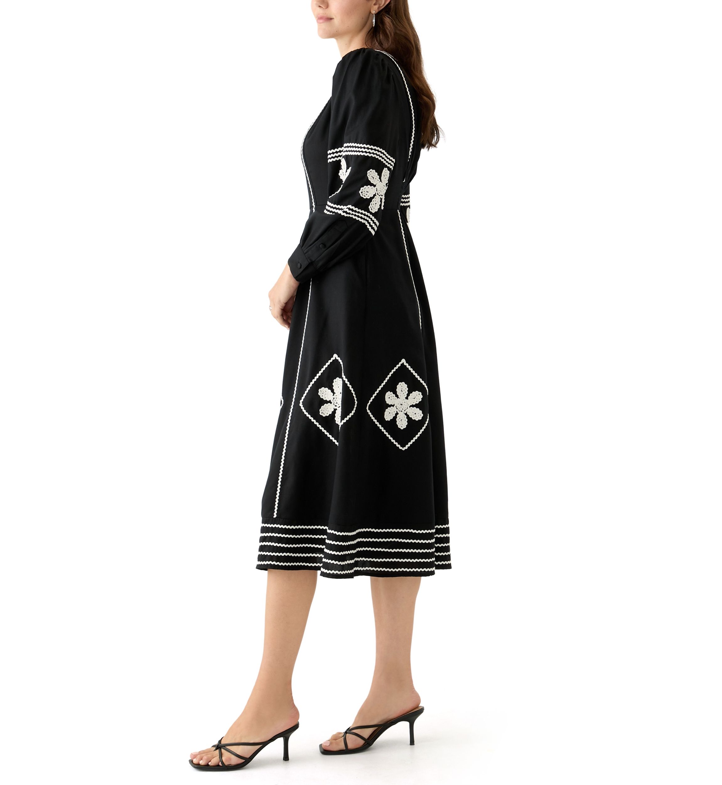 Womens Long Sleeve Embroidered Midi Dress