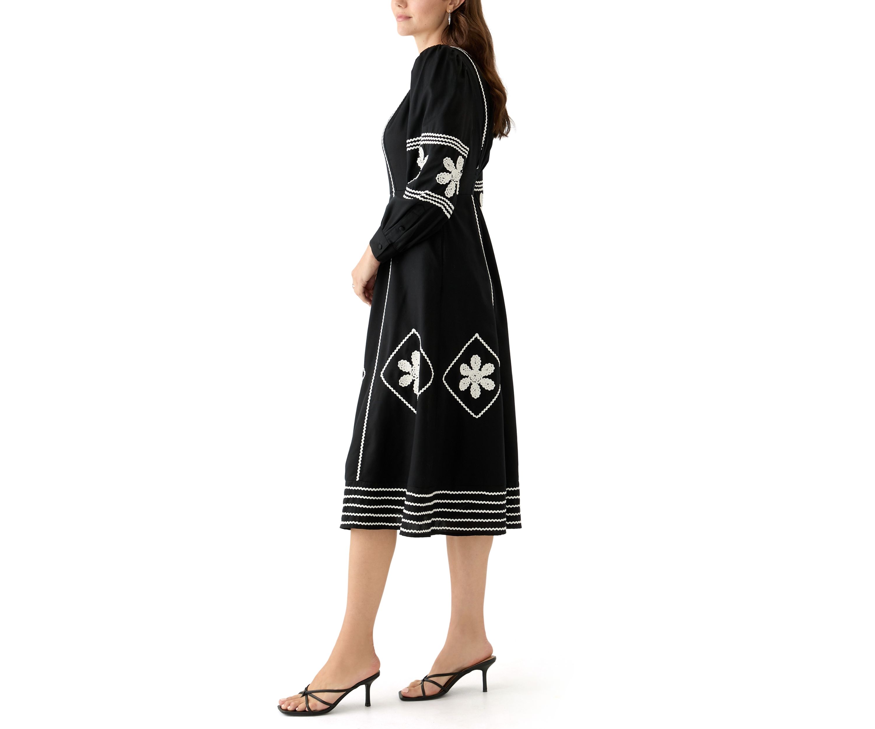 Womens Long Sleeve Embroidered Midi Dress