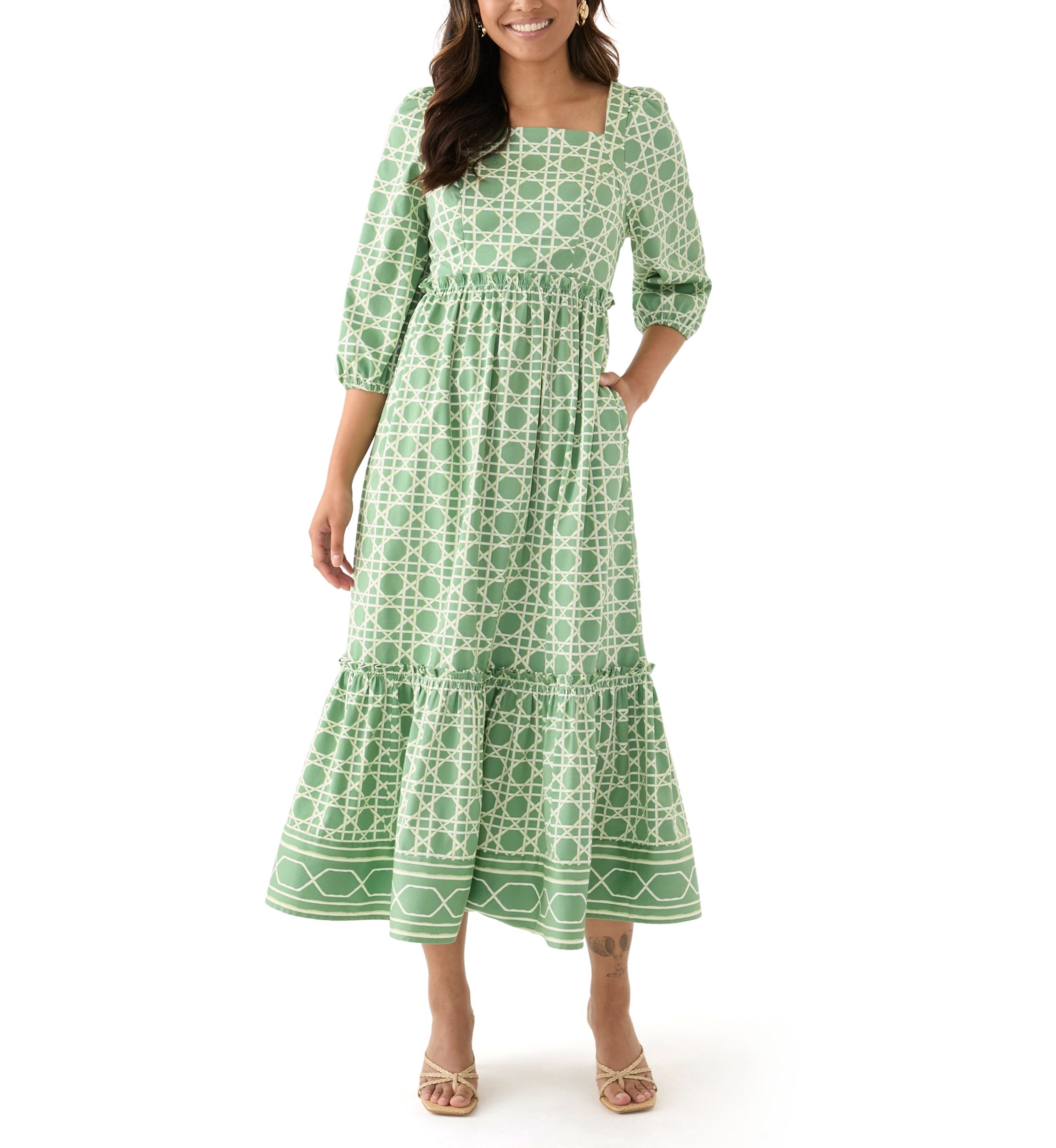 Womens 3/4 Sleeve Square Neck Maxi Dress