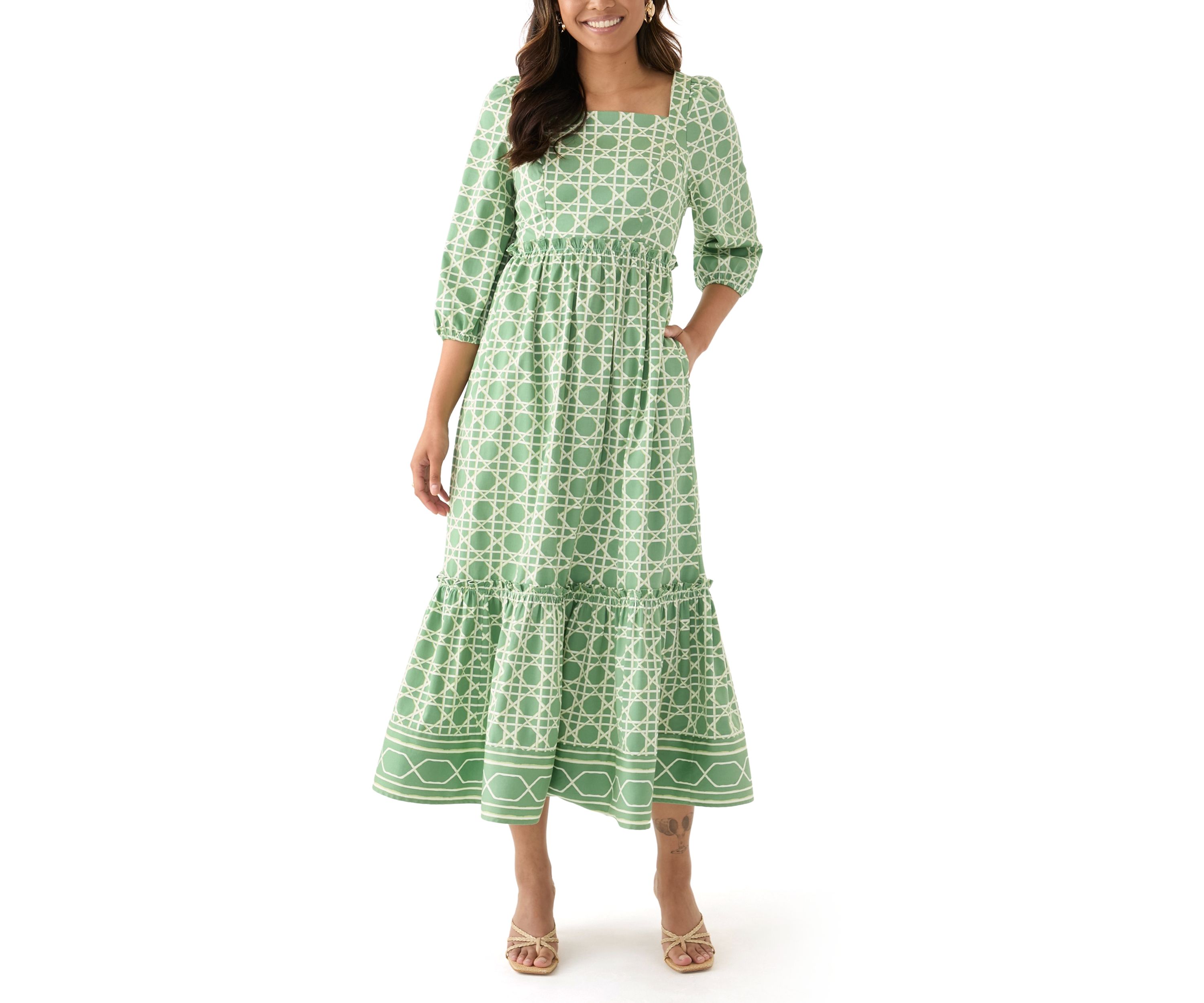 Womens 3/4 Sleeve Square Neck Maxi Dress