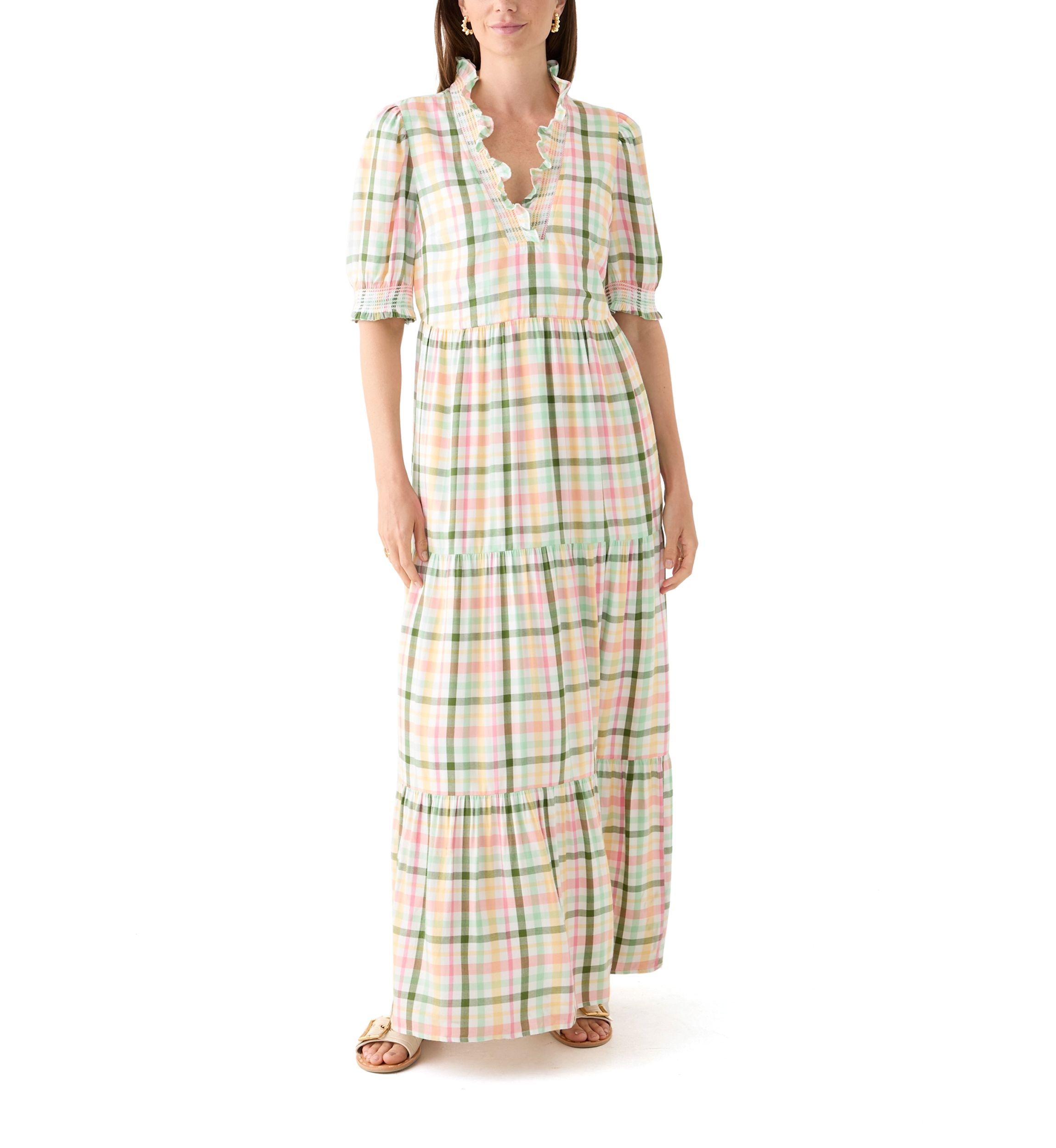 Womens Short Sleeve Smocked Ruffle Yarn Dyed Dress