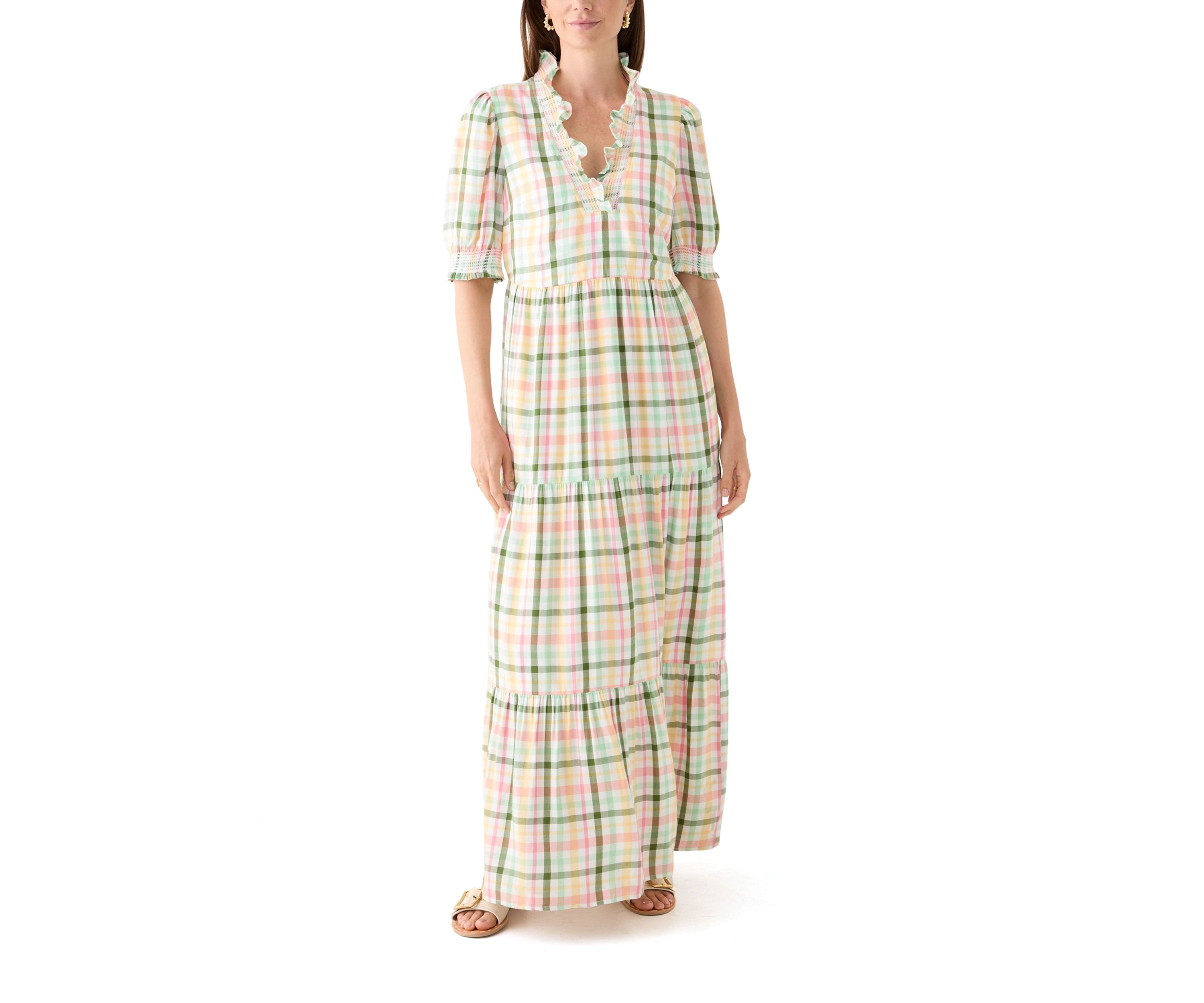 Womens Short Sleeve Smocked Ruffle Yarn Dyed Dress