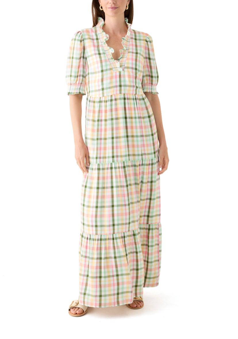 Womens Short Sleeve Smocked Ruffle Yarn Dyed Dress
