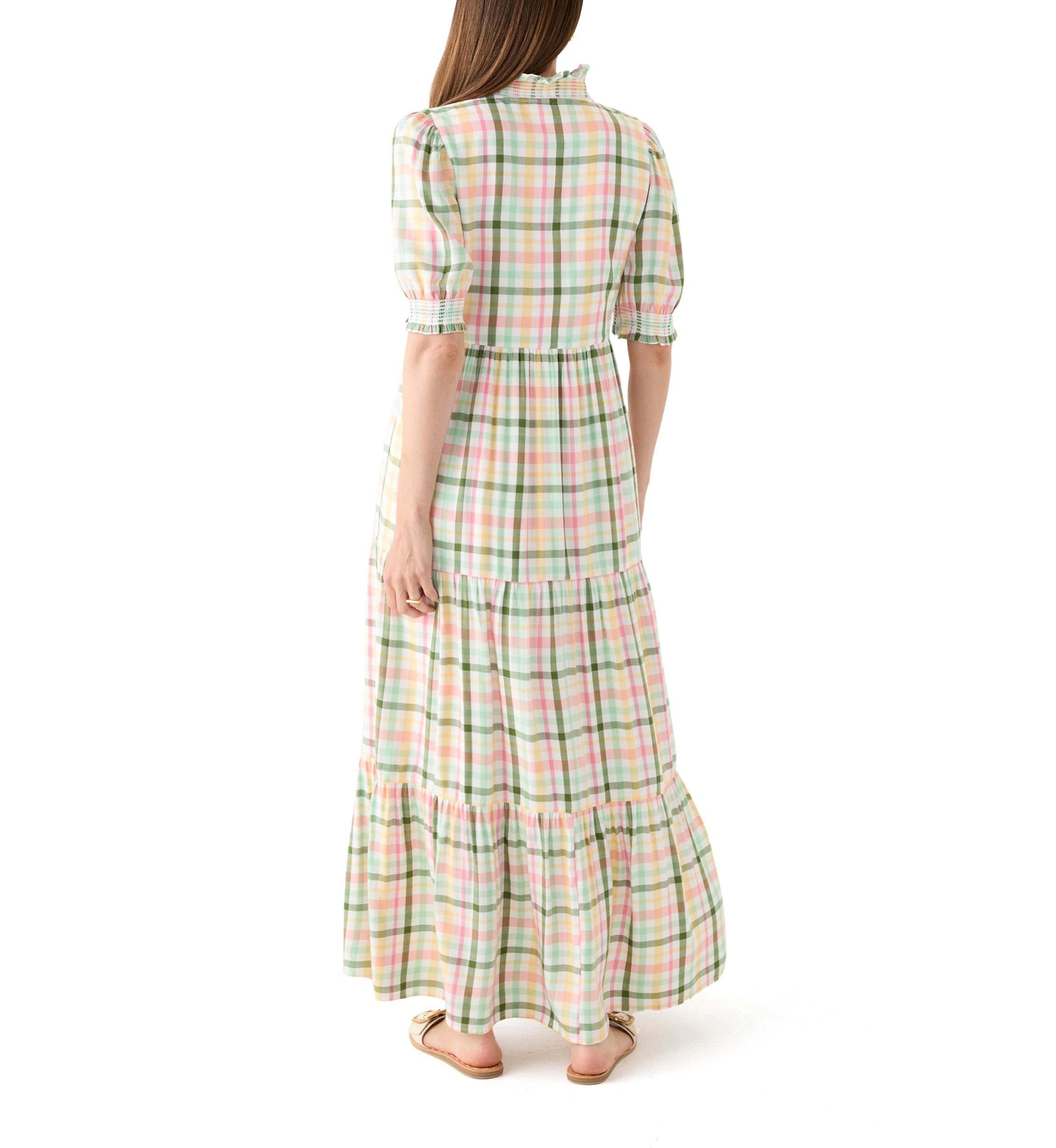 Womens Short Sleeve Smocked Ruffle Yarn Dyed Dress