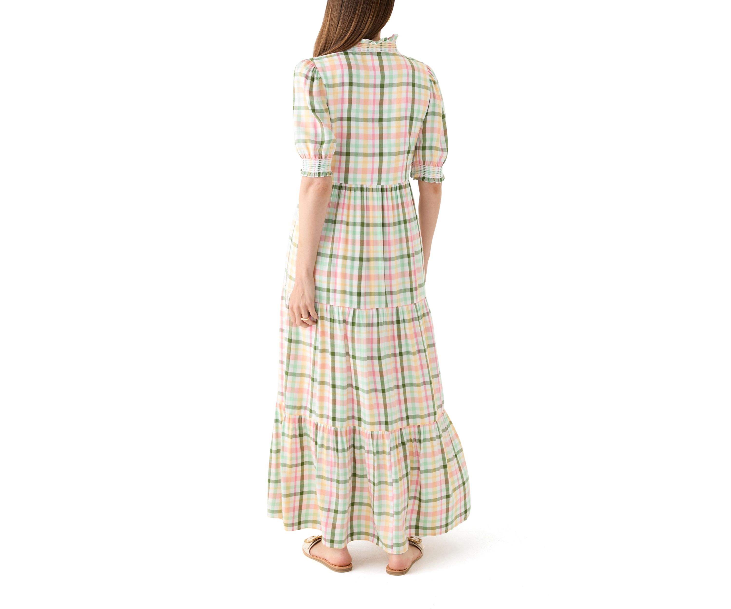 Womens Short Sleeve Smocked Ruffle Yarn Dyed Dress