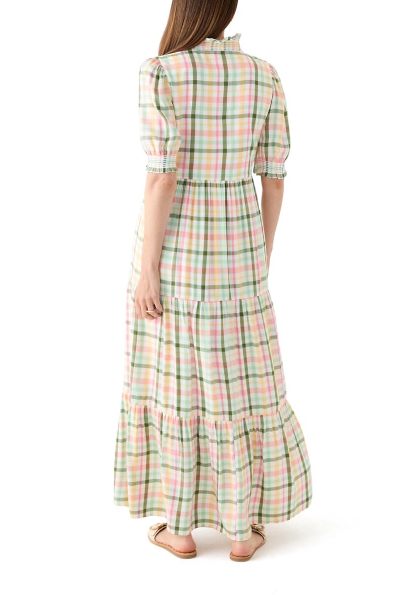 Womens Short Sleeve Smocked Ruffle Yarn Dyed Dress