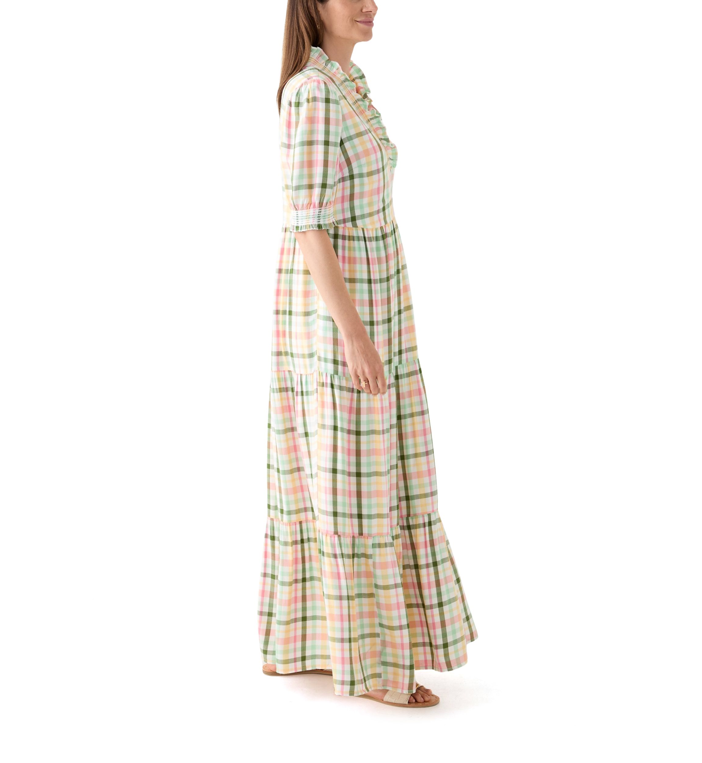 Womens Short Sleeve Smocked Ruffle Yarn Dyed Dress