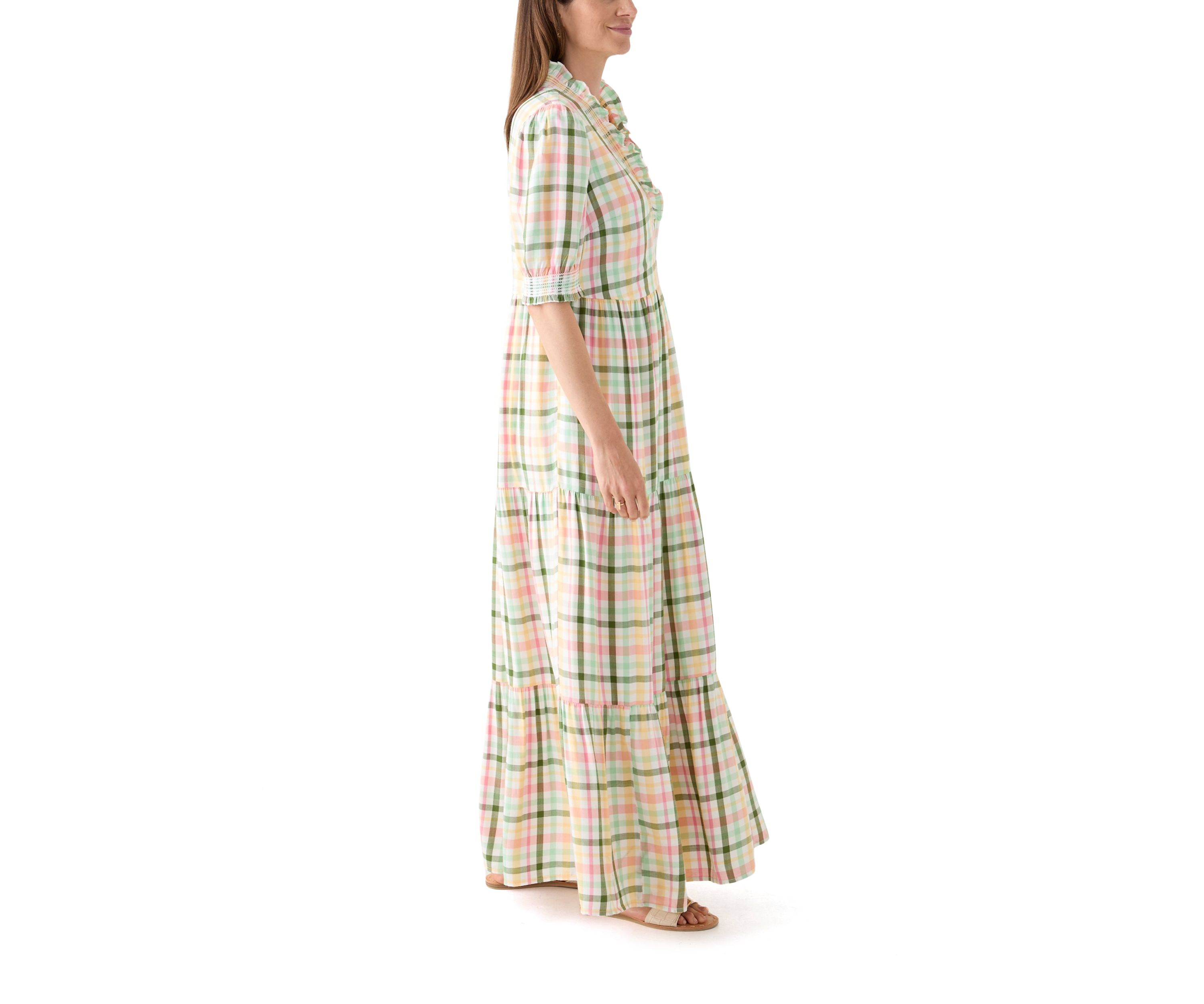 Womens Short Sleeve Smocked Ruffle Yarn Dyed Dress