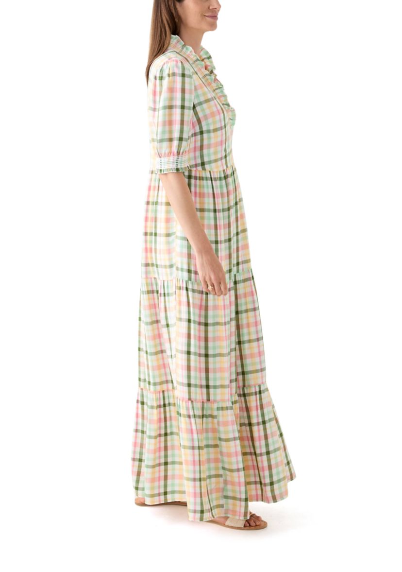 Womens Short Sleeve Smocked Ruffle Yarn Dyed Dress