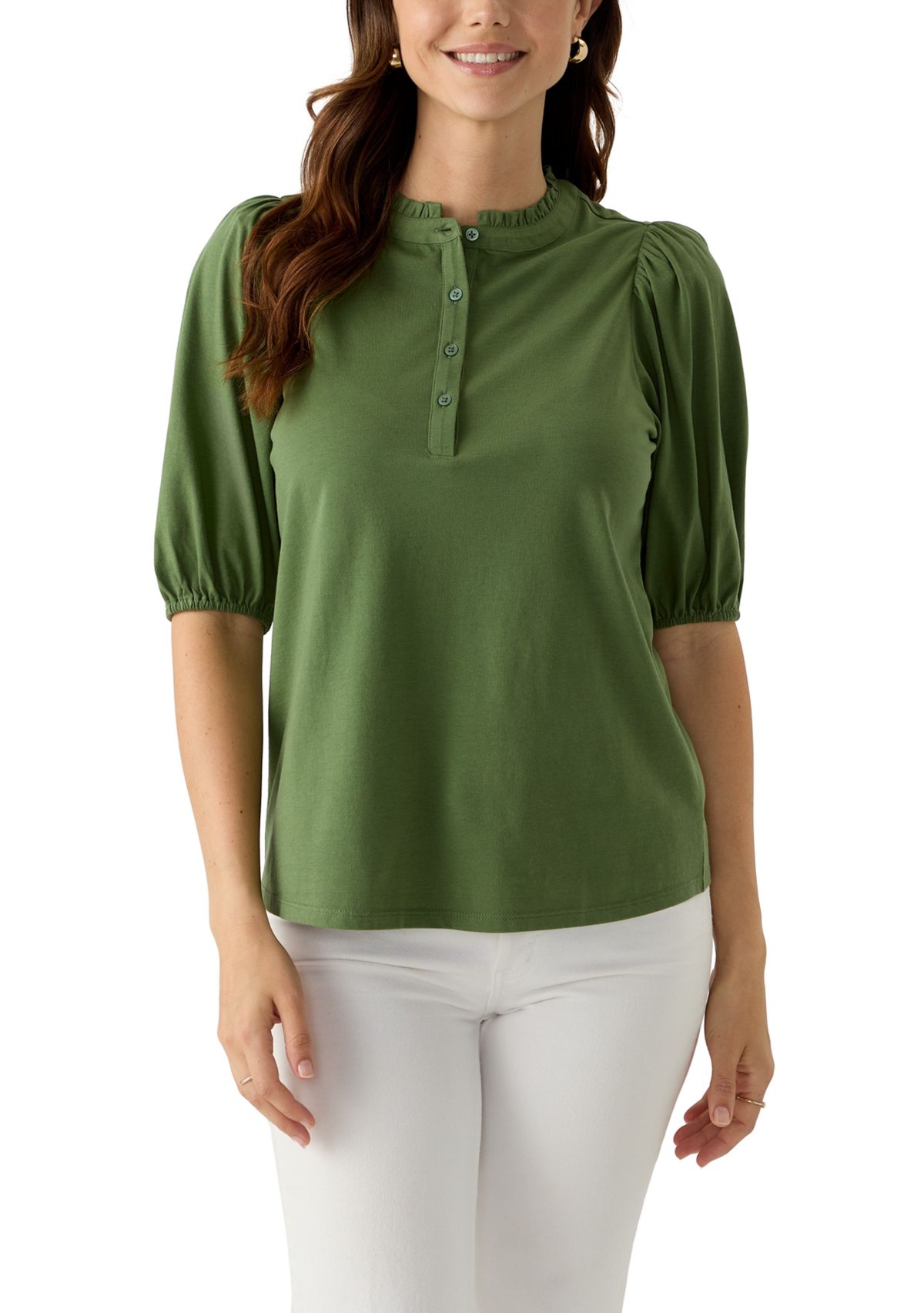 Womens Elbow Sleeve Button Front Top