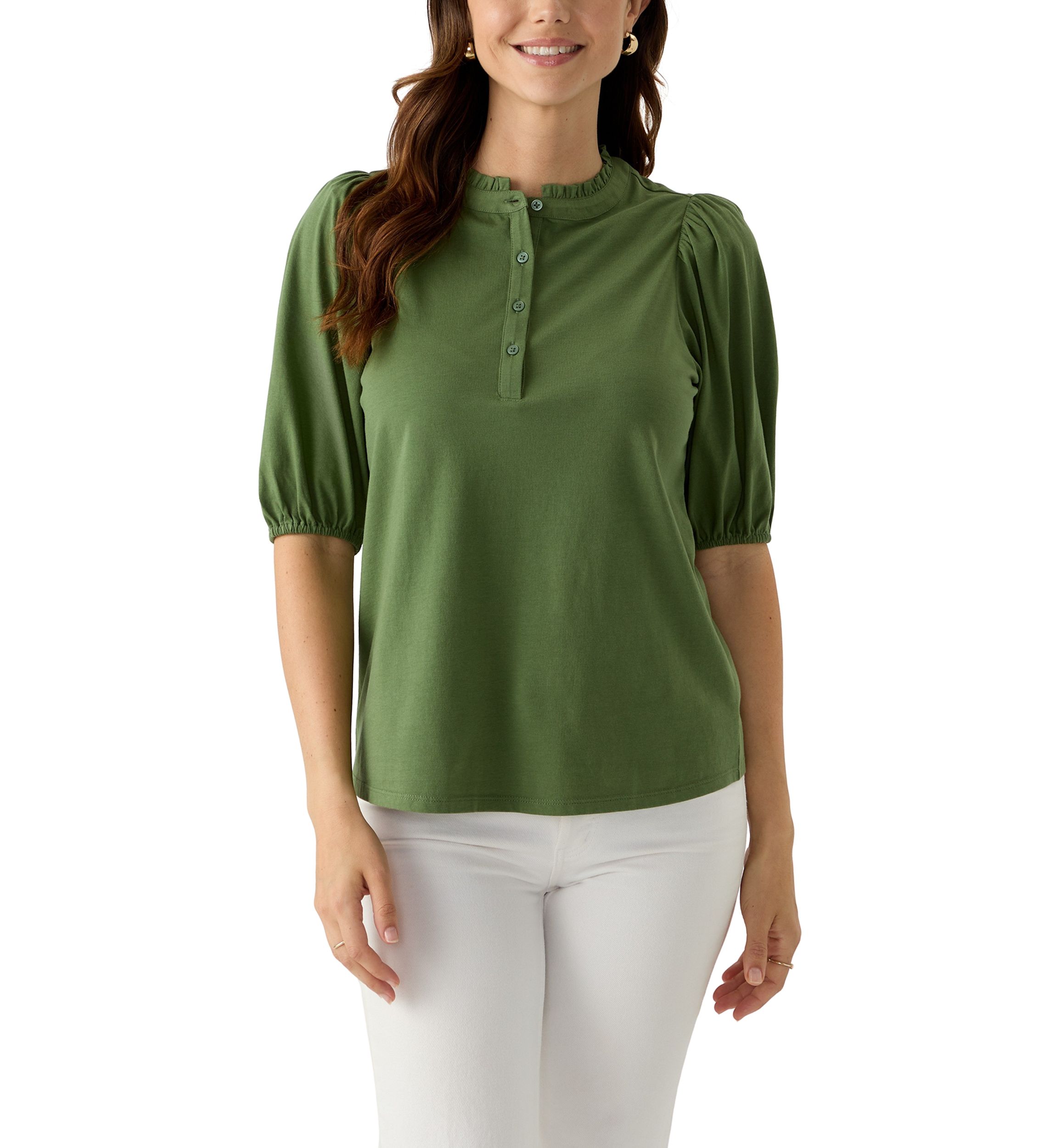 Womens Elbow Sleeve Button Front Top