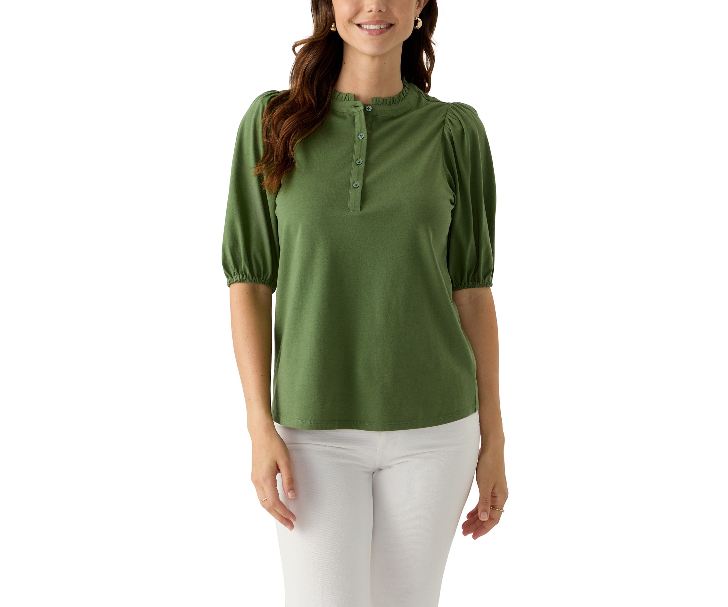 Womens Elbow Sleeve Button Front Top