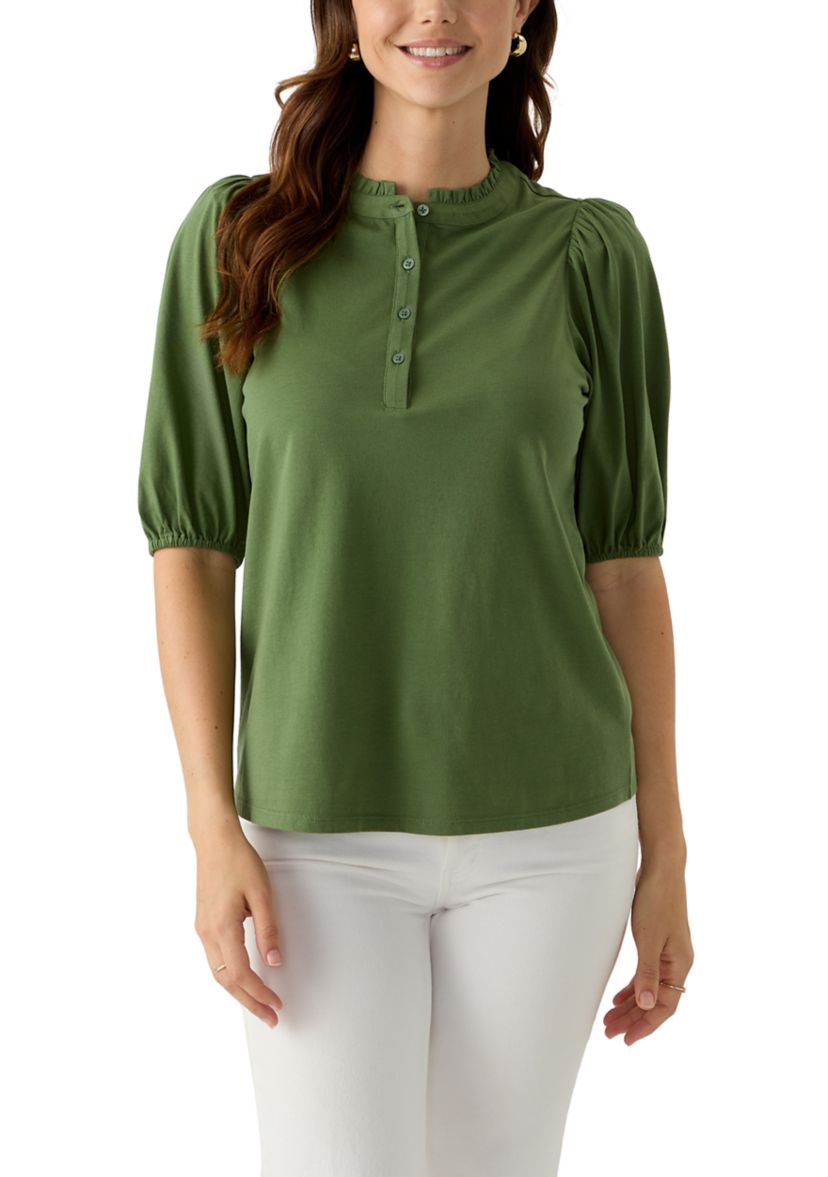 Womens Elbow Sleeve Button Front Top