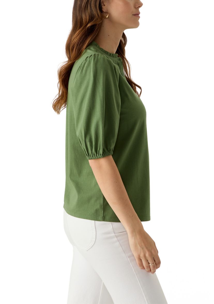 Womens Elbow Sleeve Button Front Top