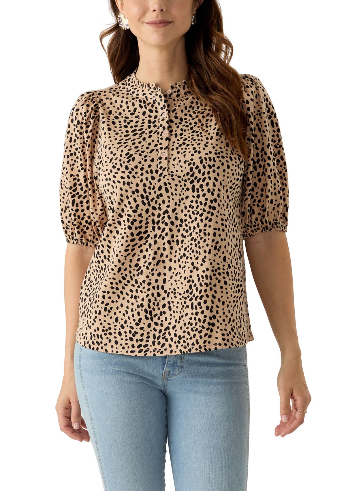 Womens Elbow Sleeve Button Front Printed Top