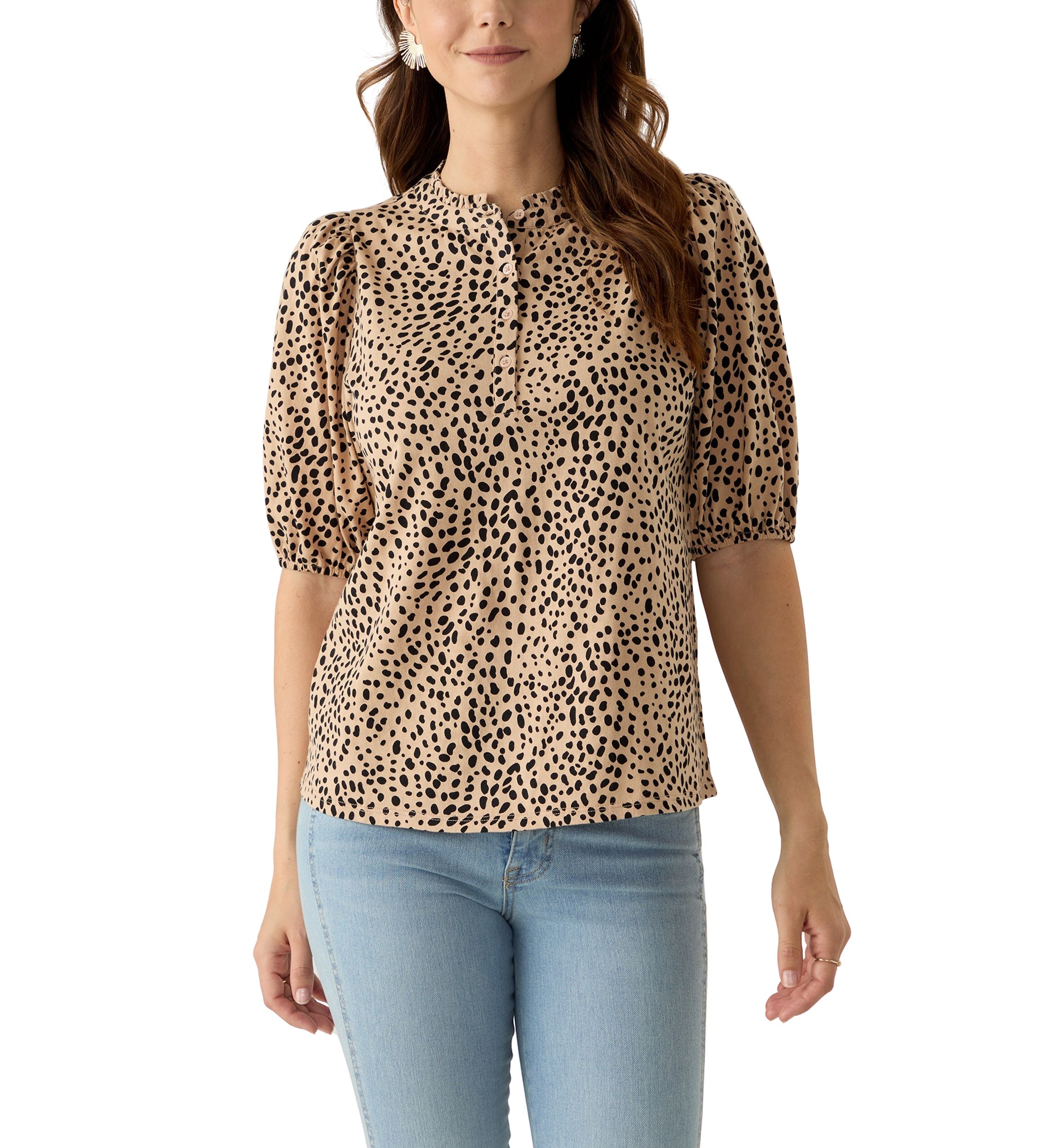 Womens Elbow Sleeve Button Front Printed Top