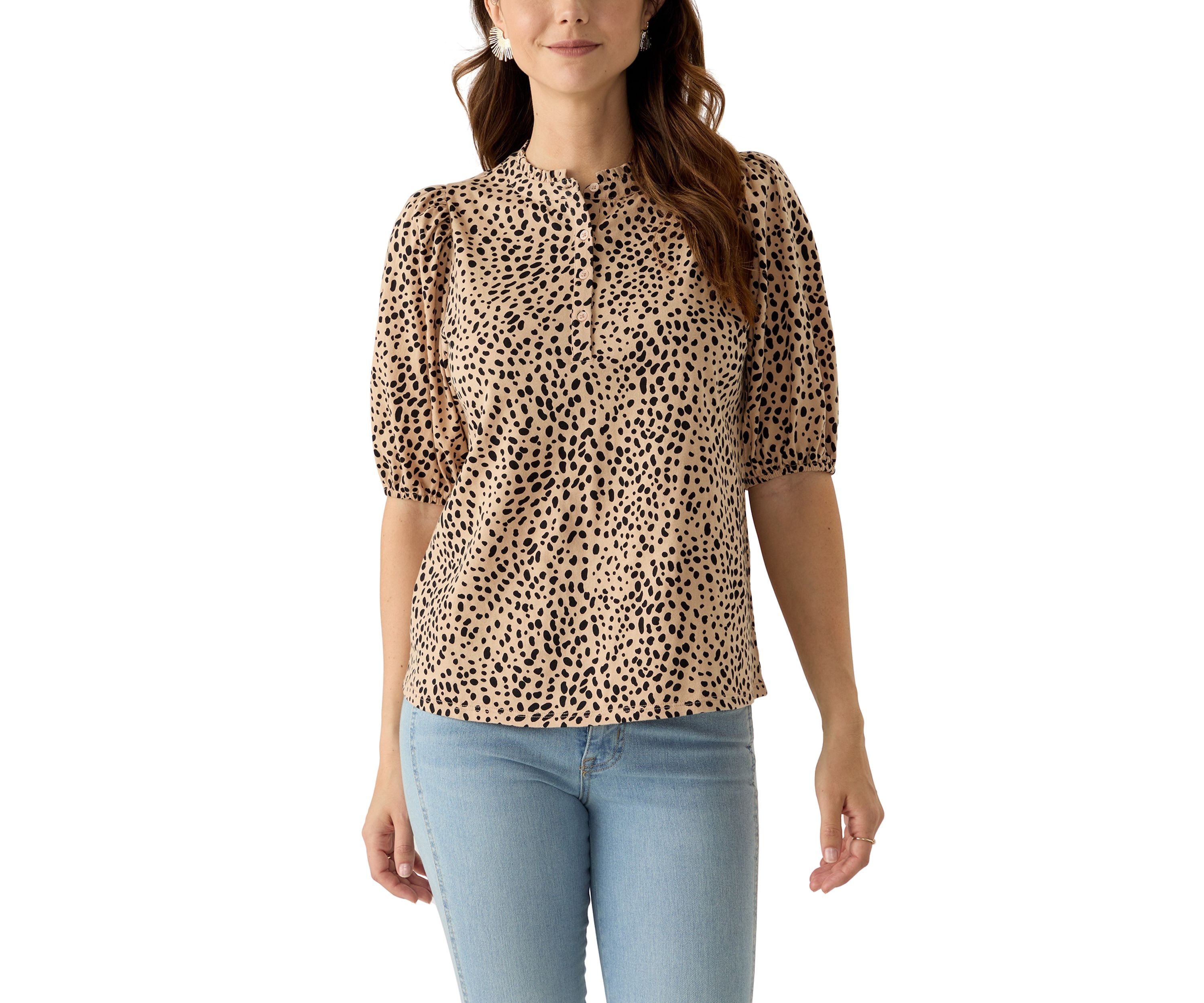 Womens Elbow Sleeve Button Front Printed Top