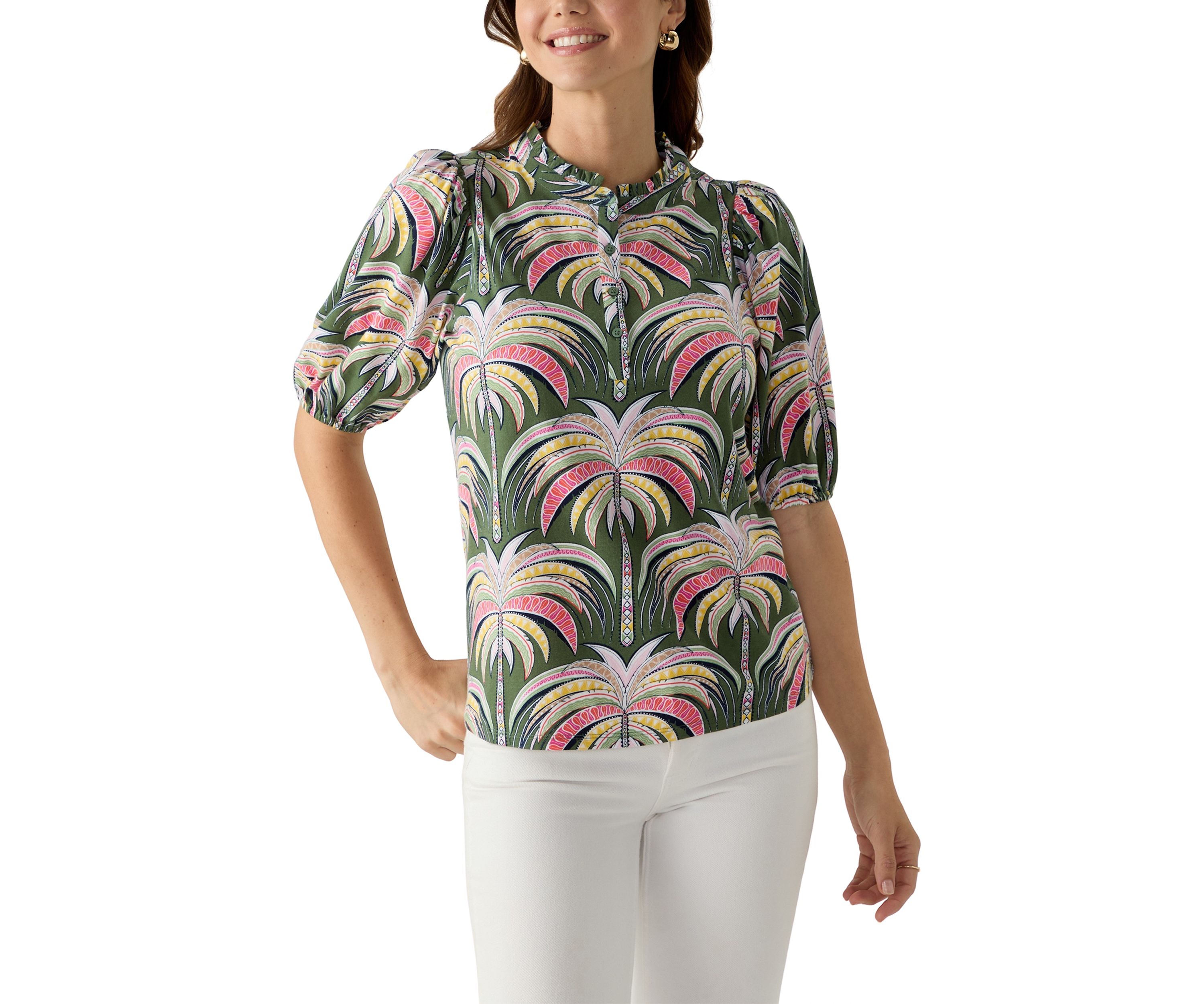 Womens Elbow Sleeve Button Front Printed Top