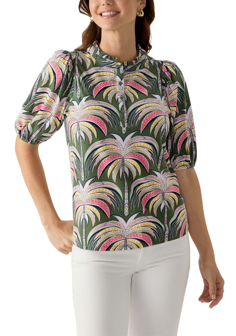 Womens Elbow Sleeve Button Front Printed Top