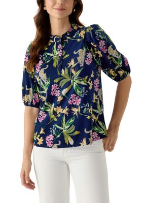 Crown & Ivy Women's Elbow Sleeve Button Front Printed Top